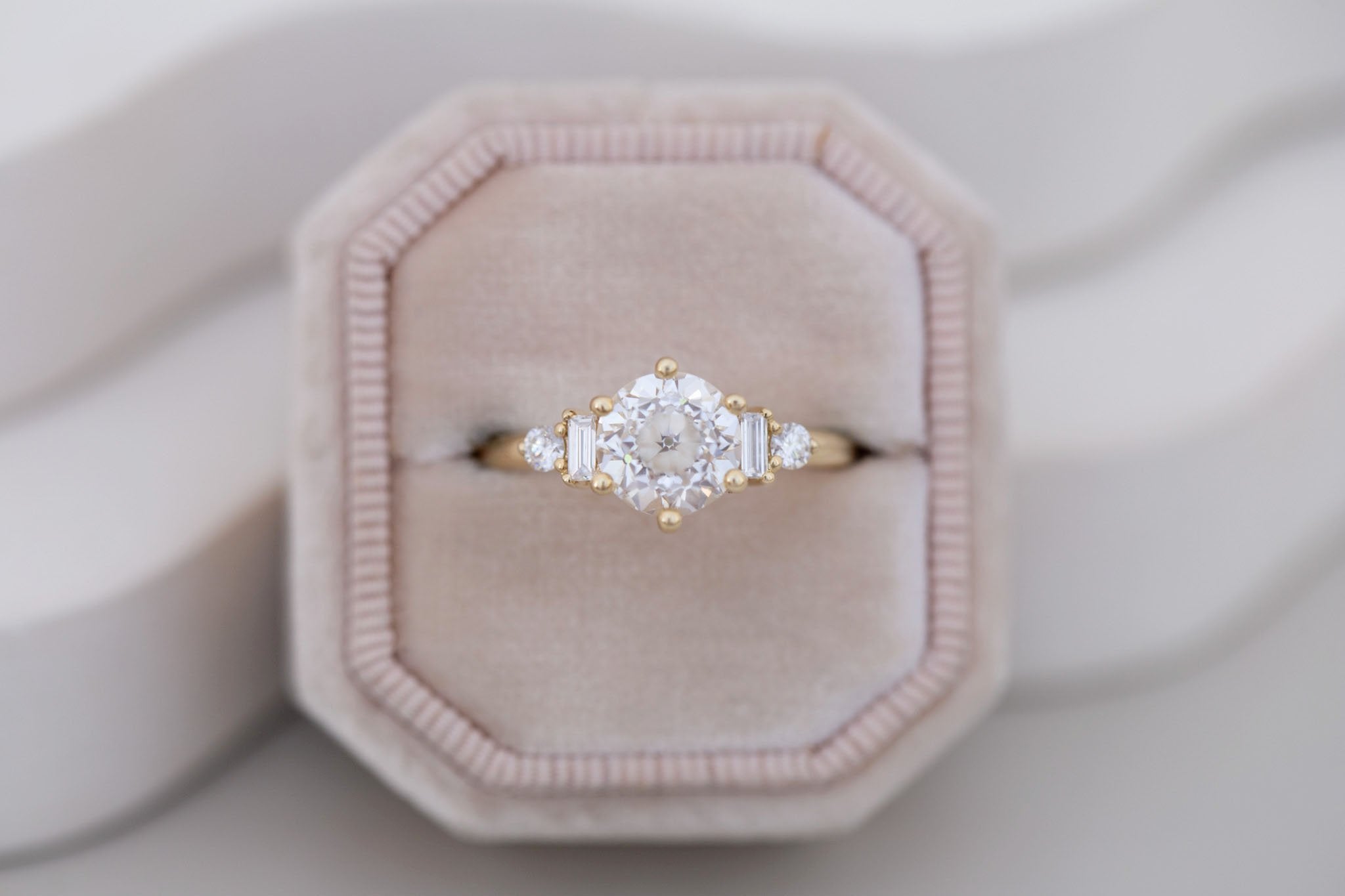 Alsea Ring | Lab Antique Round Cut Diamond + Baguette and Round Lab Diamond Accents Engagement Ring 2.00 ct | 14k Recycled Gold | One of a Kind