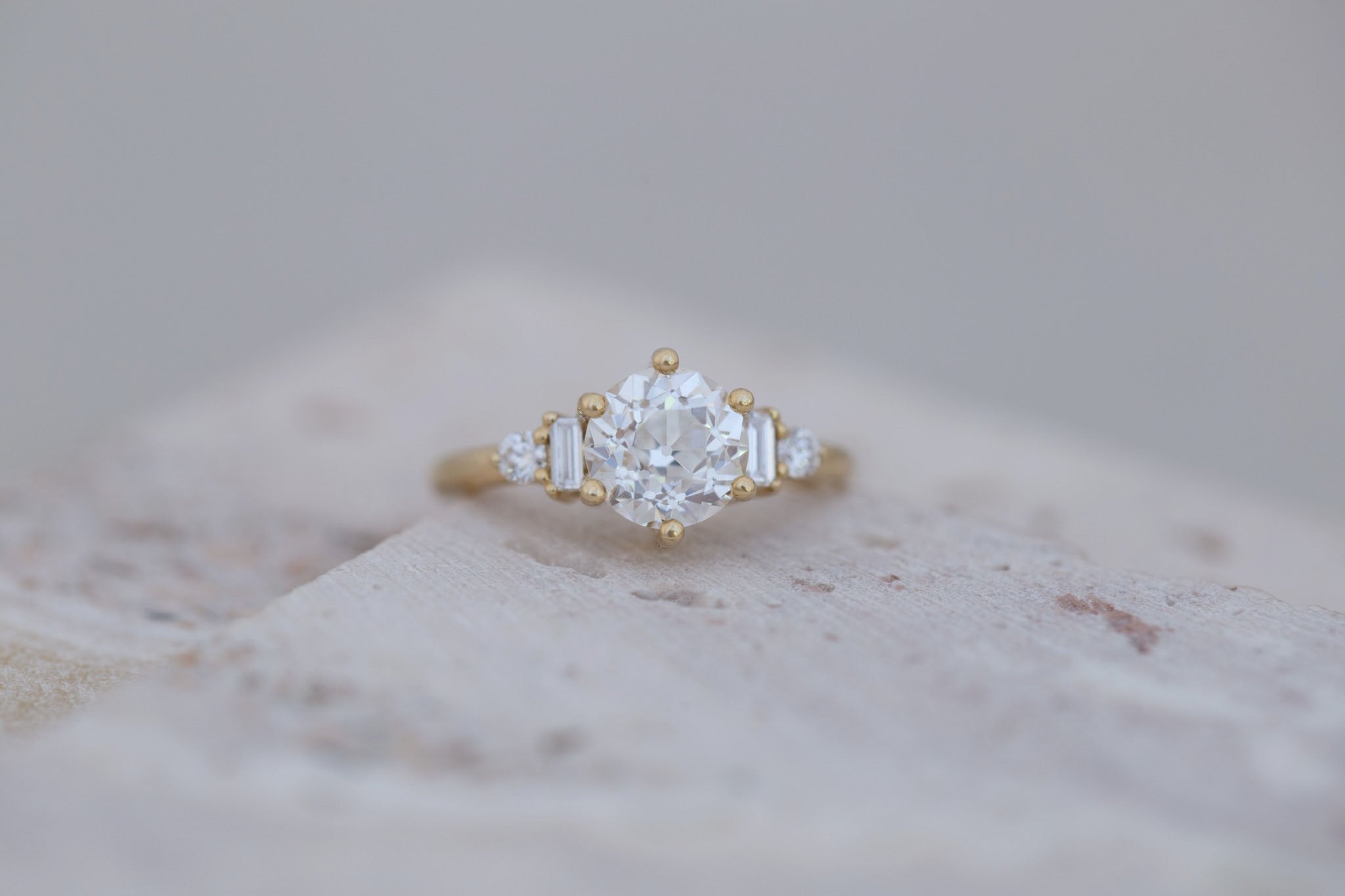 Alsea Ring | Lab Antique Round Cut Diamond + Baguette and Round Lab Diamond Accents Engagement Ring 2.00 ct | 14k Recycled Gold | One of a Kind