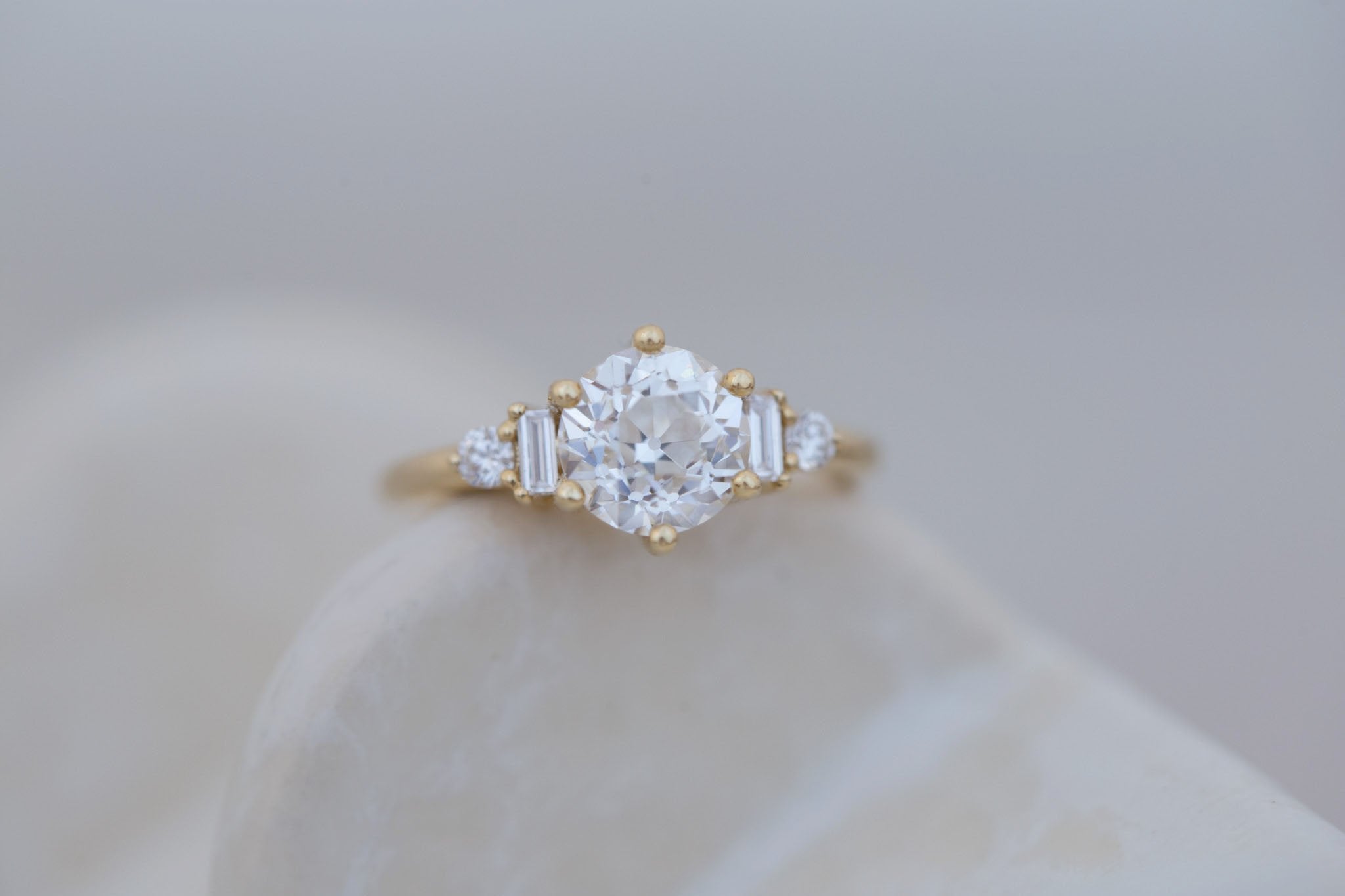 Alsea Ring | Lab Antique Round Cut Diamond + Baguette and Round Lab Diamond Accents Engagement Ring 2.00 ct | 14k Recycled Gold | One of a Kind