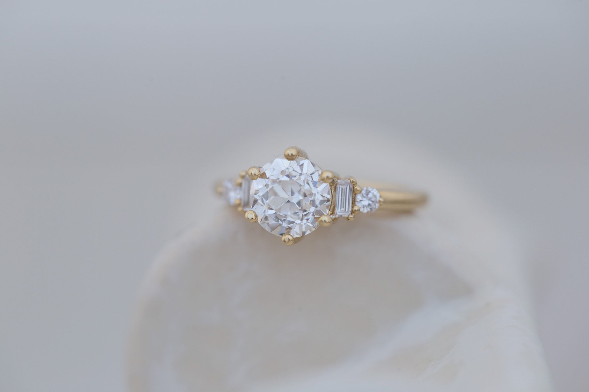 Alsea Ring | Lab Antique Round Cut Diamond + Baguette and Round Lab Diamond Accents Engagement Ring 2.00 ct | 14k Recycled Gold | One of a Kind