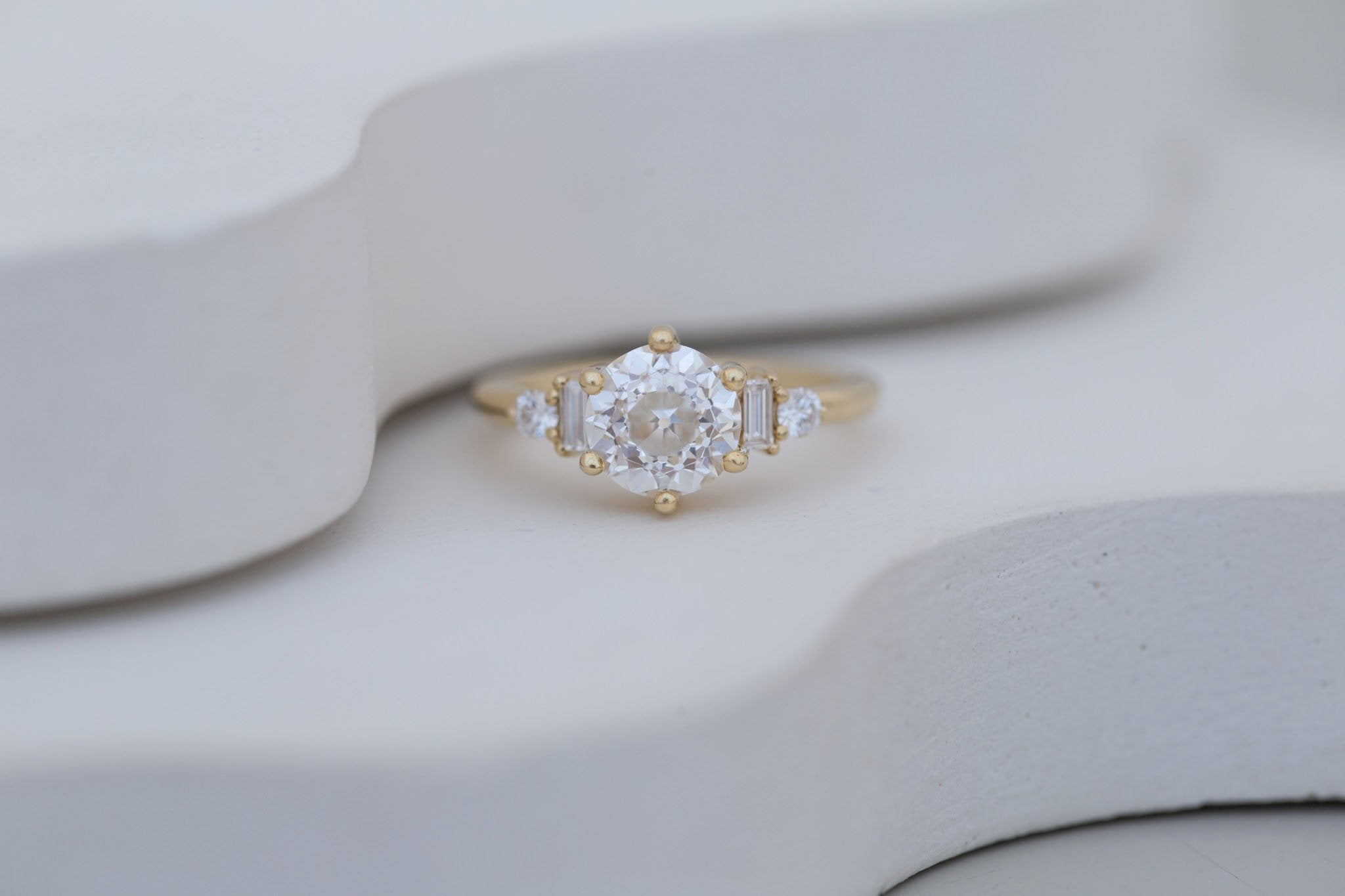 Alsea Ring | Lab Antique Round Cut Diamond + Baguette and Round Lab Diamond Accents Engagement Ring 2.00 ct | 14k Recycled Gold | One of a Kind