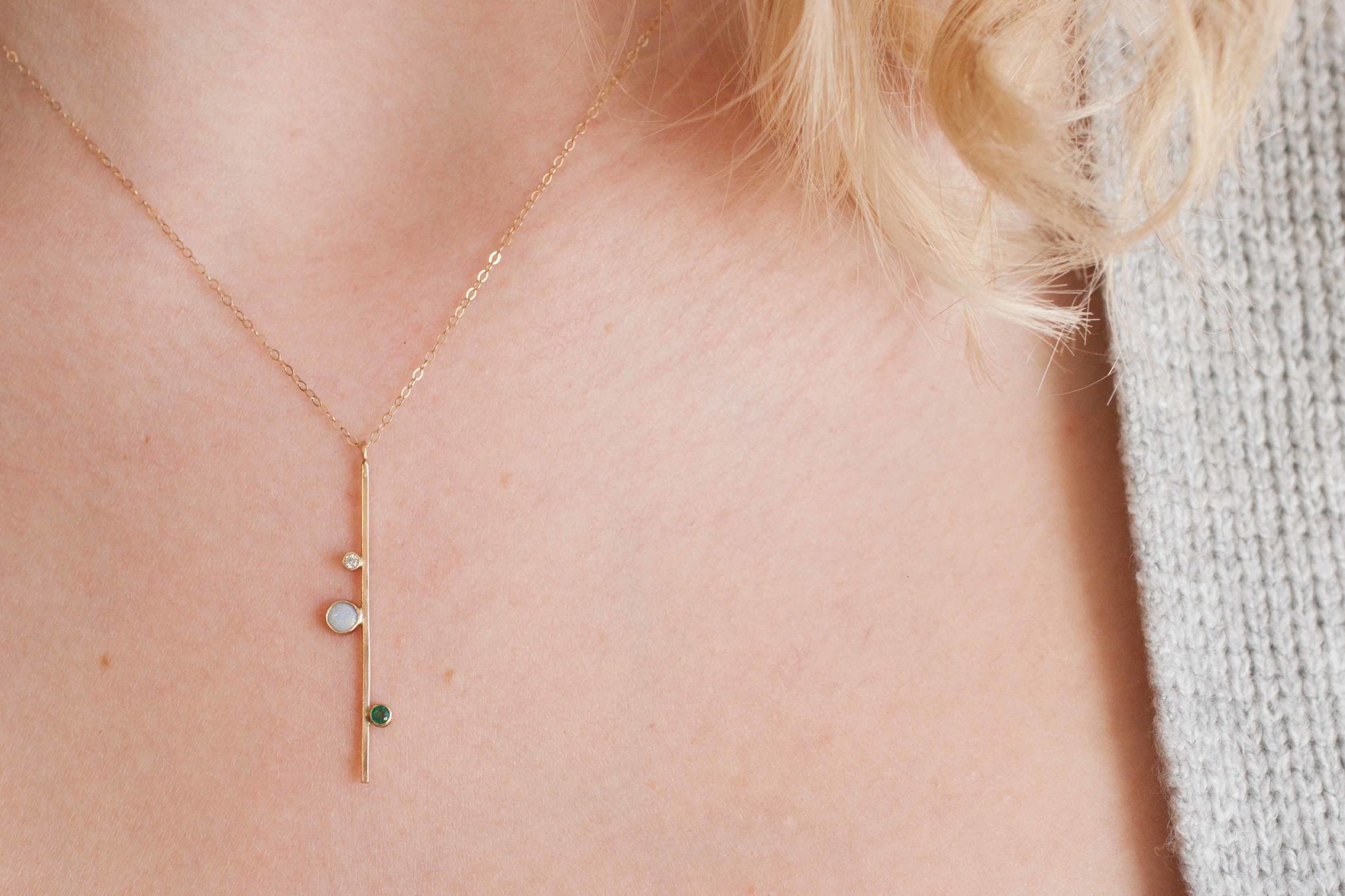 Opal, Emerald, + Diamond Bar Necklace | 14k Gold Necklace