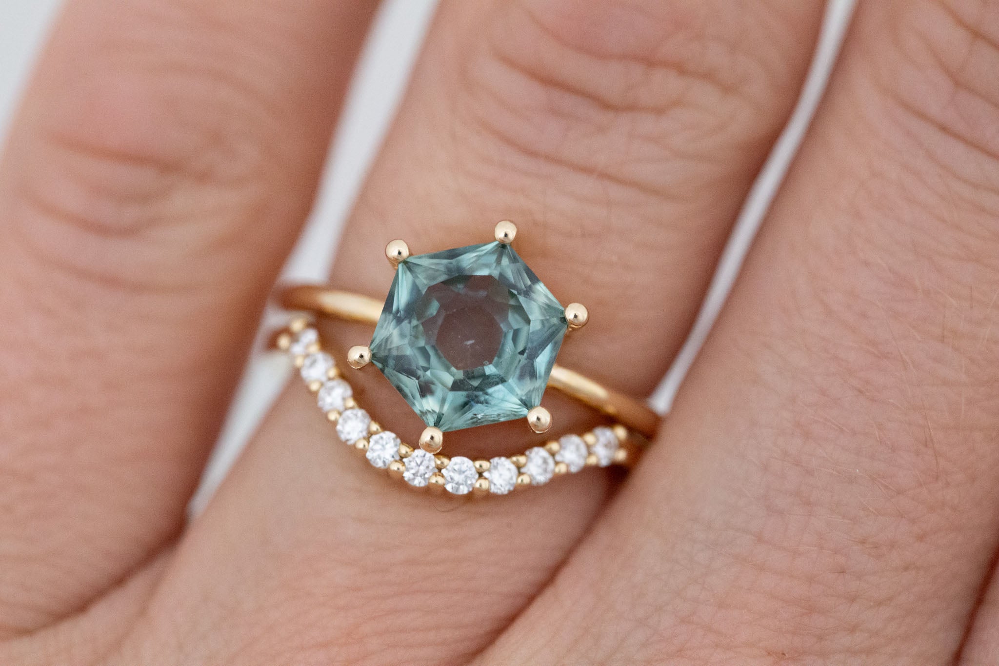 Mesa Ring | Teal Hexagon Montana Sapphire Solitaire Engagement Ring 3.03 ct | 14k Recycled Gold | One of a Kind