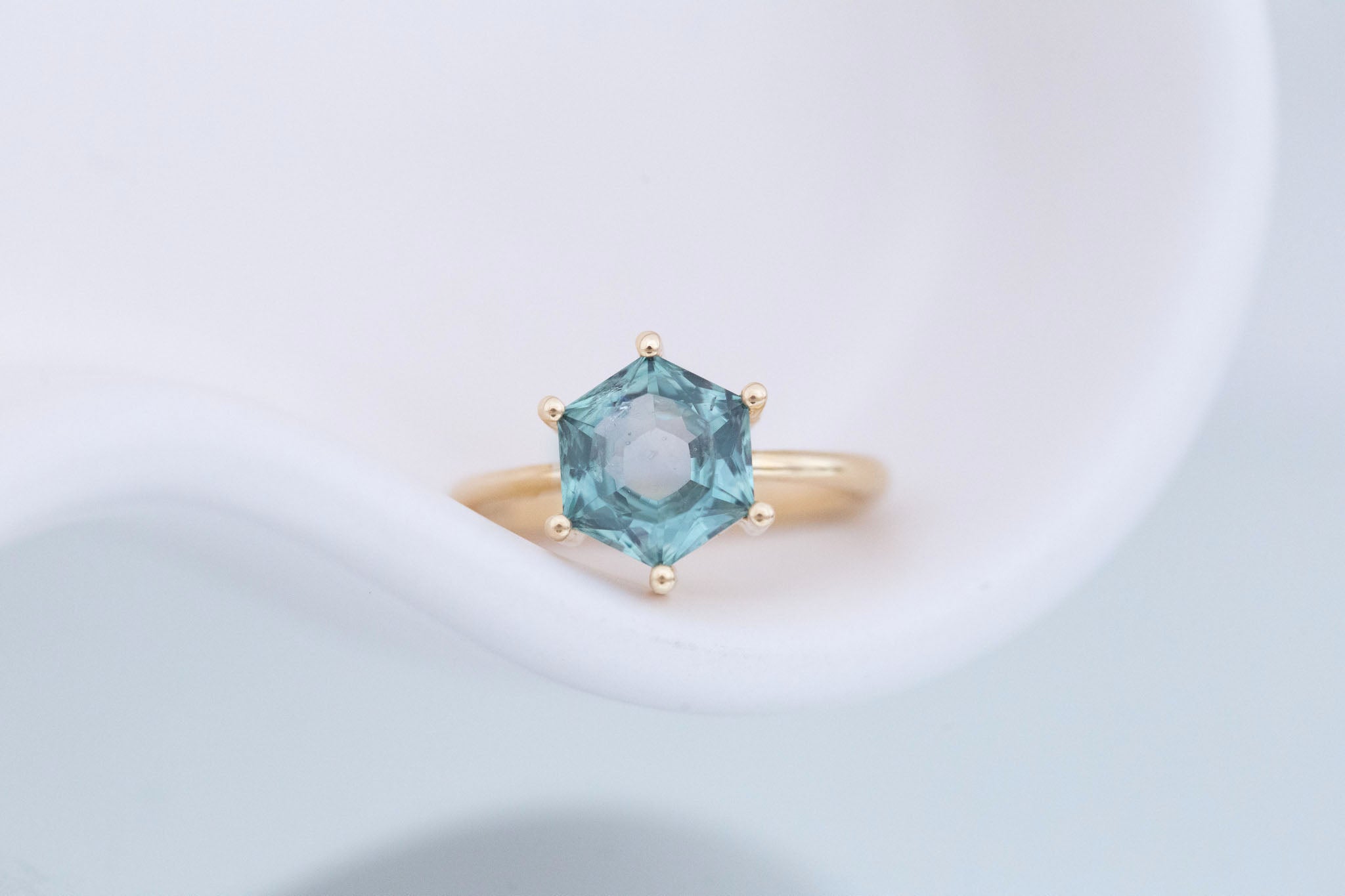 Mesa Ring | Teal Hexagon Montana Sapphire Solitaire Engagement Ring 3.03 ct | 14k Recycled Gold | One of a Kind