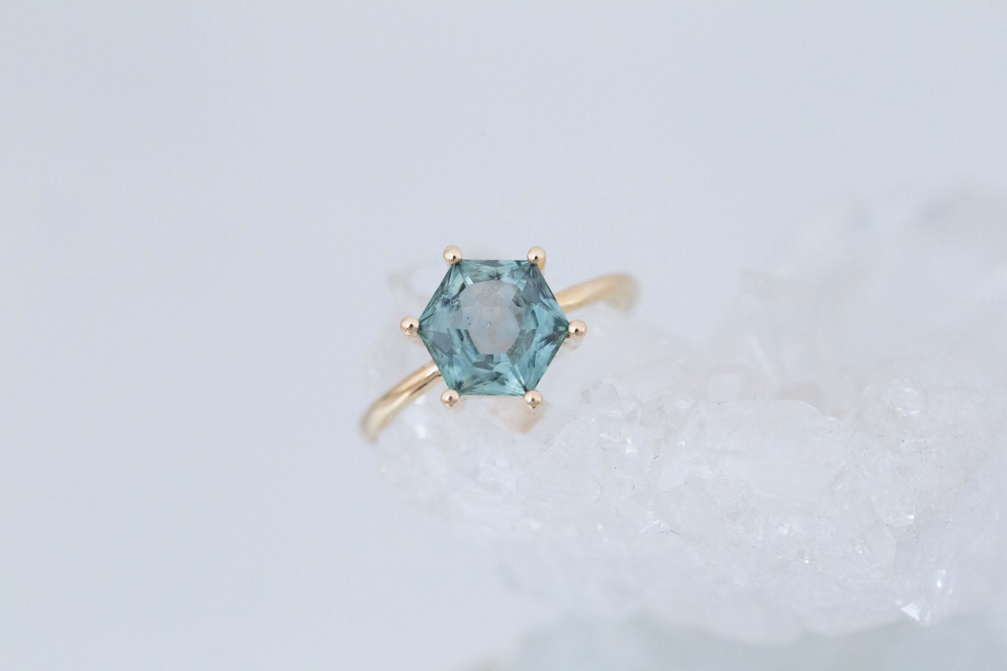Mesa Ring | Teal Hexagon Montana Sapphire Solitaire Engagement Ring 3.03 ct | 14k Recycled Gold | One of a Kind