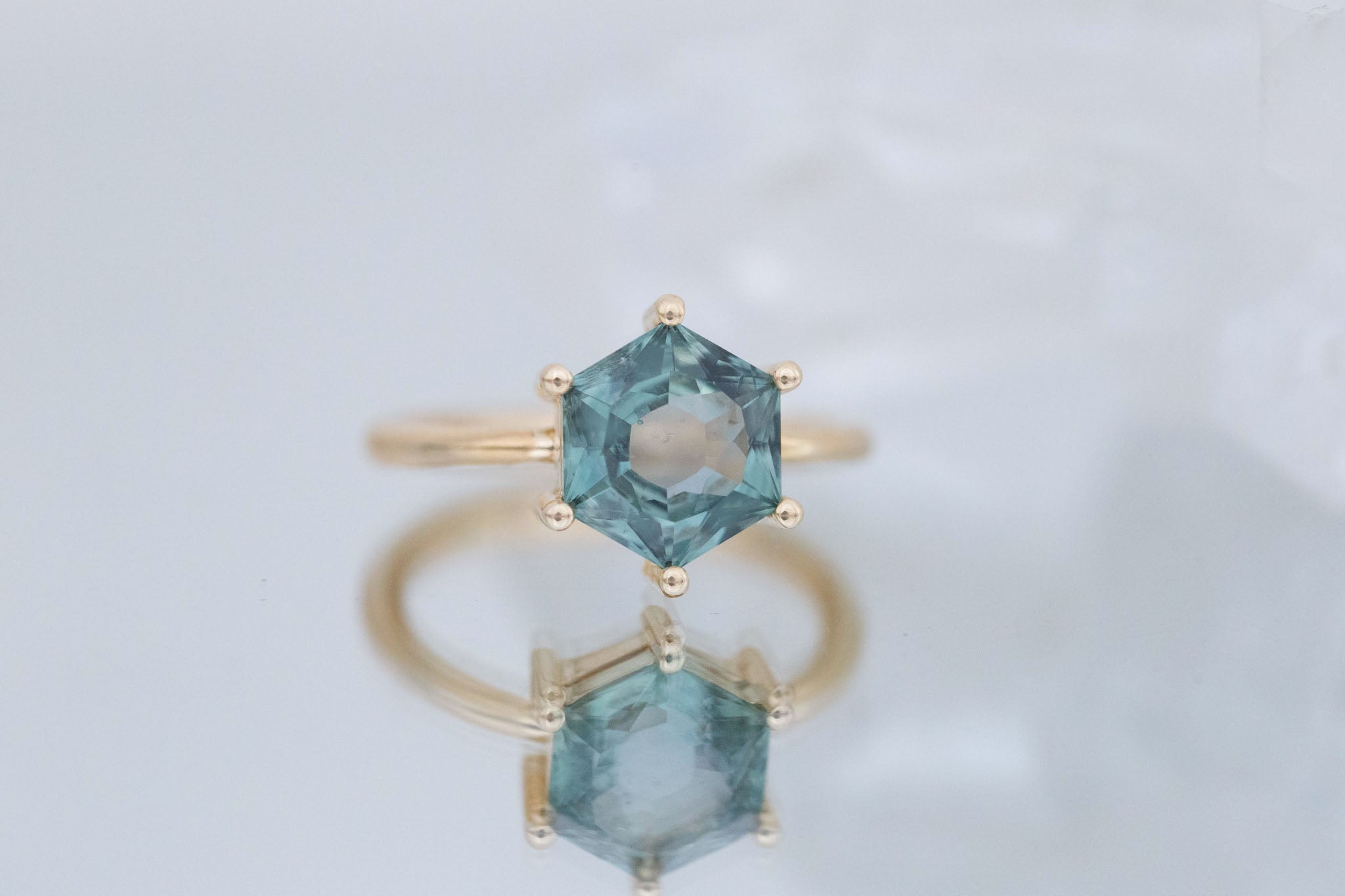 Mesa Ring | Teal Hexagon Montana Sapphire Solitaire Engagement Ring 3.03 ct | 14k Recycled Gold | One of a Kind