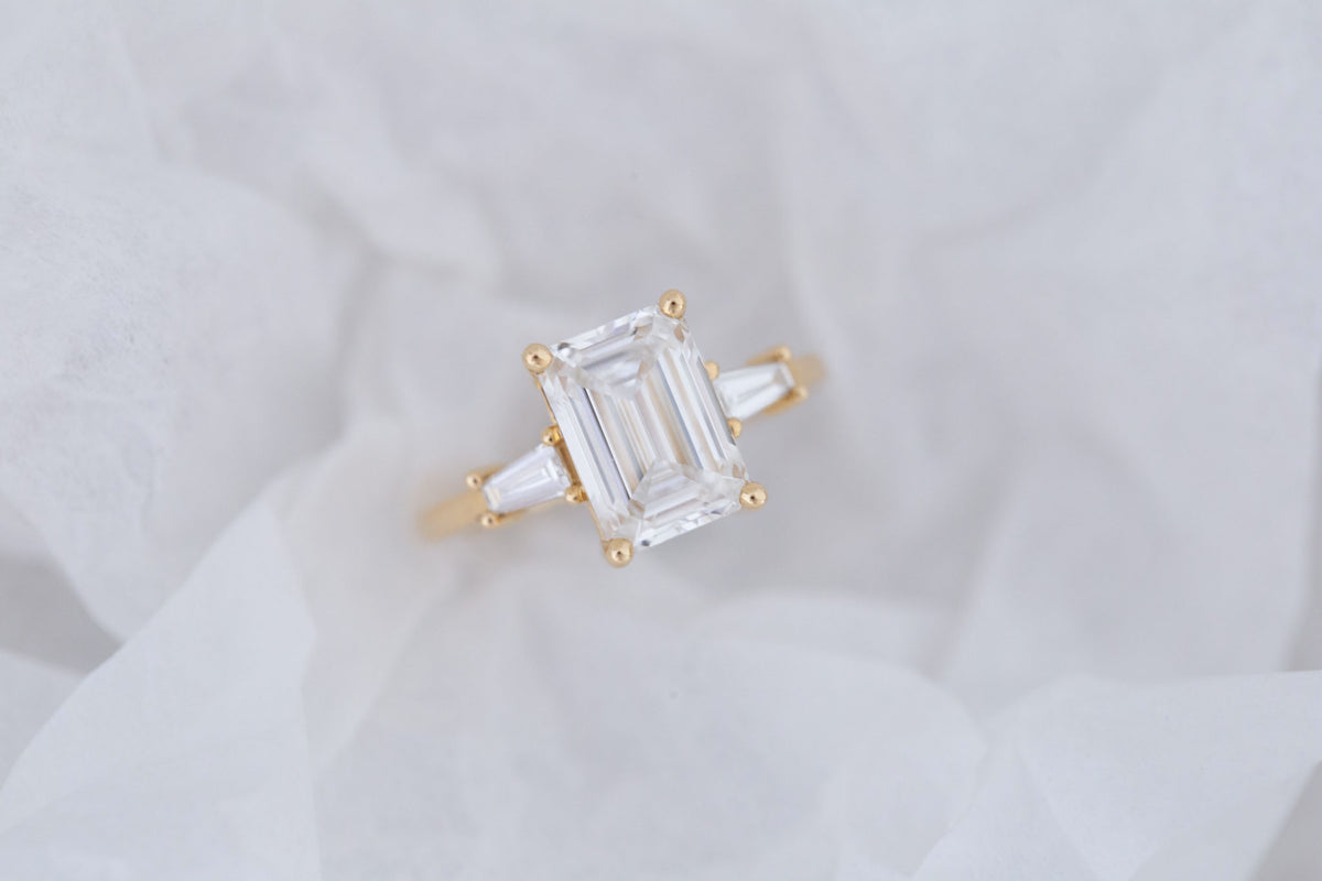 Marlowe Ring | Lab Emerald Cut Diamond + Tapered Baguette Lab Diamond Accent Engagement Ring 3.05 ct | 14k Recycled Gold | One of a Kind