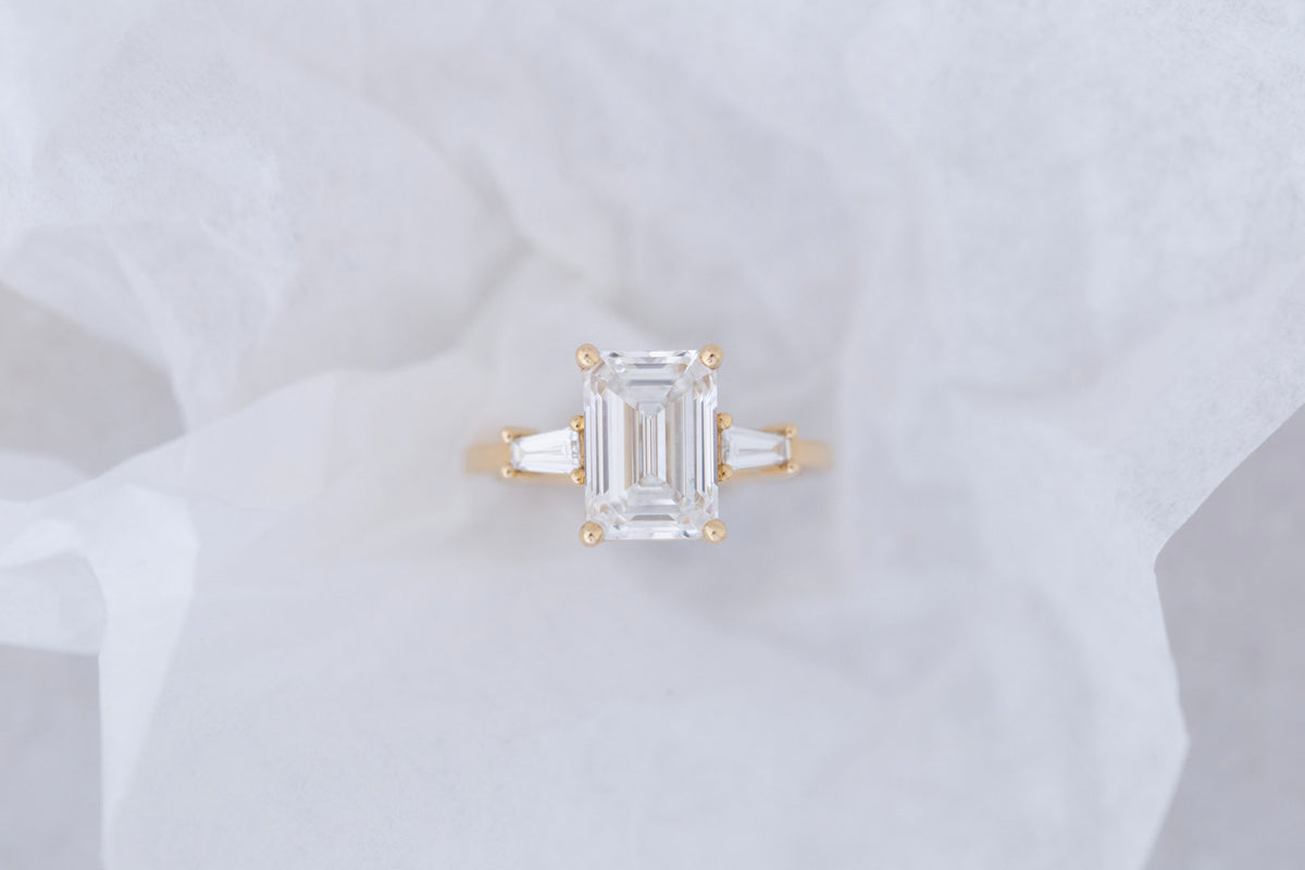 Marlowe Ring | Lab Emerald Cut Diamond + Tapered Baguette Lab Diamond Accent Engagement Ring 3.05 ct | 14k Recycled Gold | One of a Kind