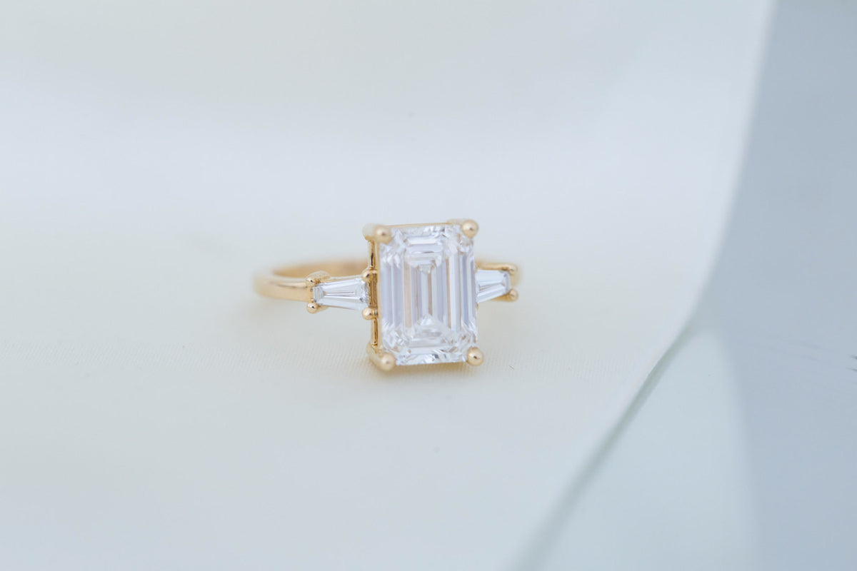 Marlowe Ring | Lab Emerald Cut Diamond + Tapered Baguette Lab Diamond Accent Engagement Ring 3.05 ct | 14k Recycled Gold | One of a Kind