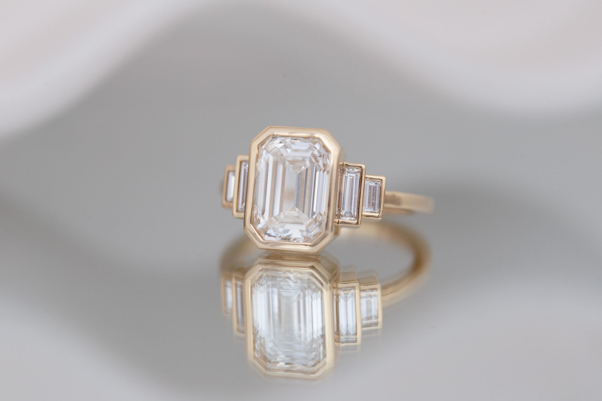 Ash Ring | Lab Emerald Cut Diamond + Diamond Baguette Engagement Ring 3.07 ct | 14k Recycled Gold | One of a Kind