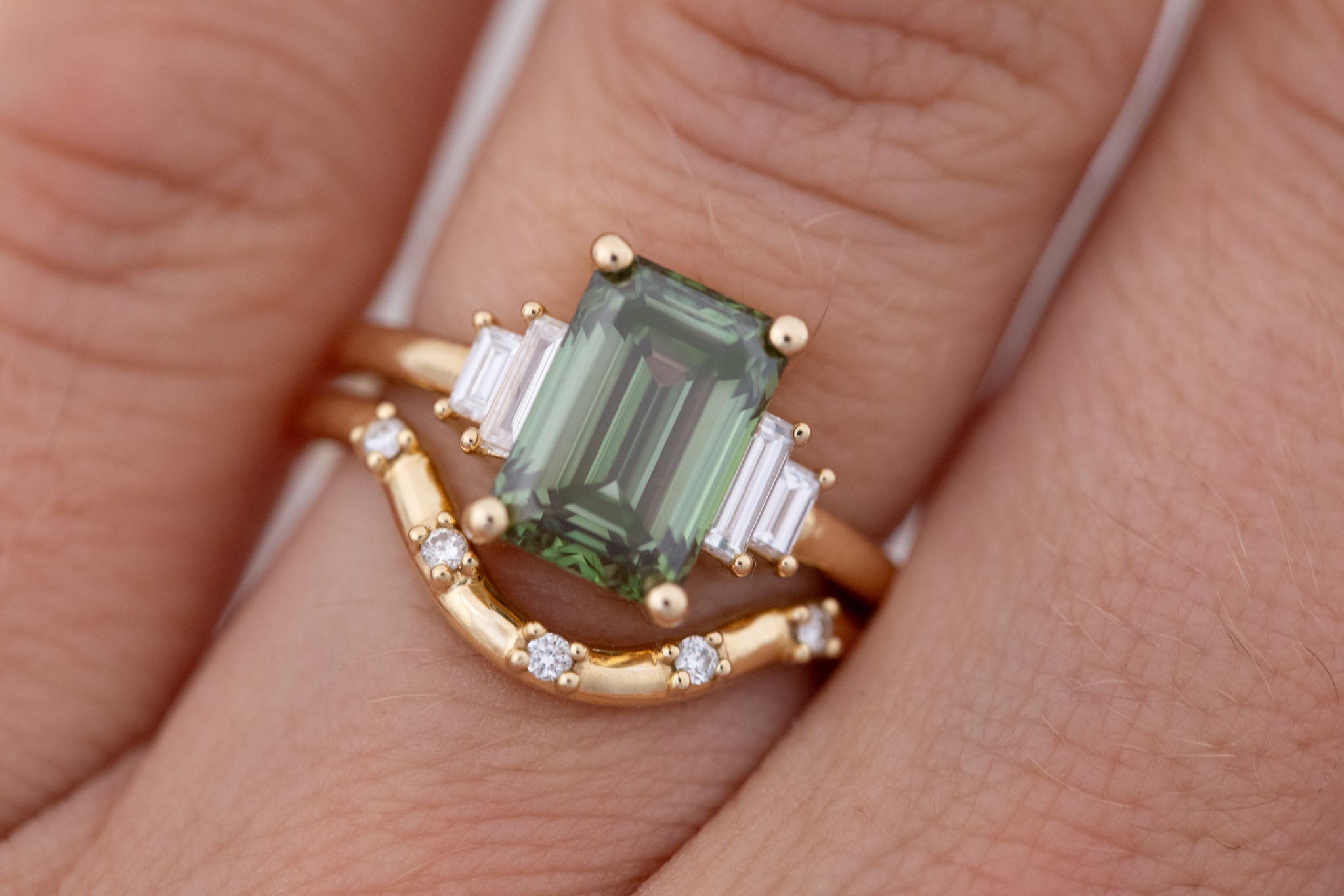 Ash Ring | Lab Green Emerald Cut Diamond + Diamond Baguette Engagement Ring 3.09 ct | 14k Recycled Gold | One of a Kind