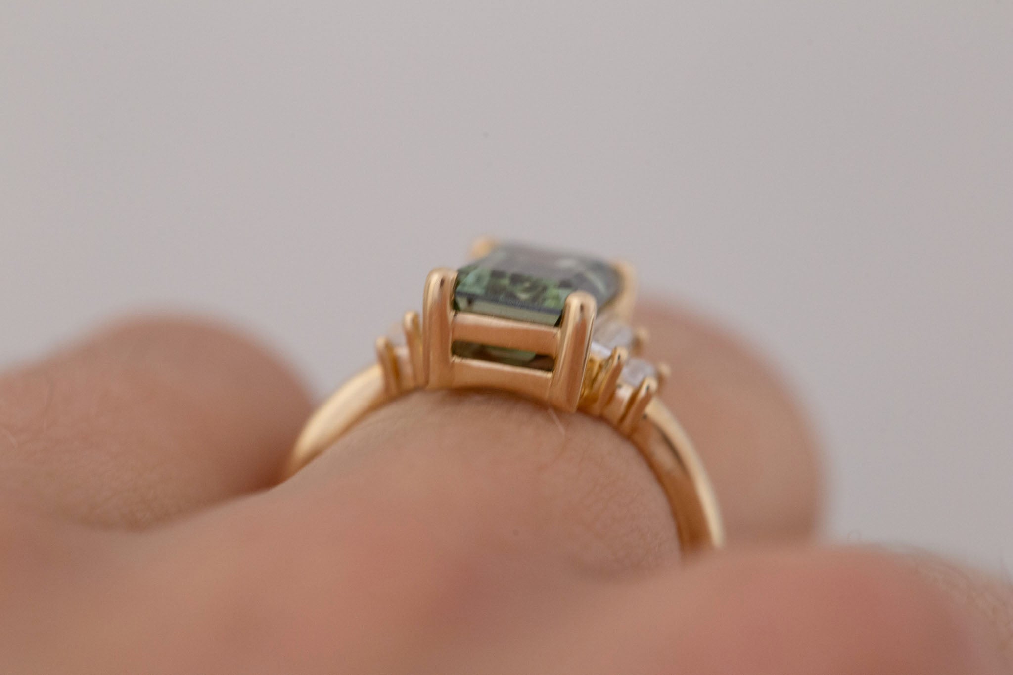 Ash Ring | Lab Green Emerald Cut Diamond + Diamond Baguette Engagement Ring 3.09 ct | 14k Recycled Gold | One of a Kind