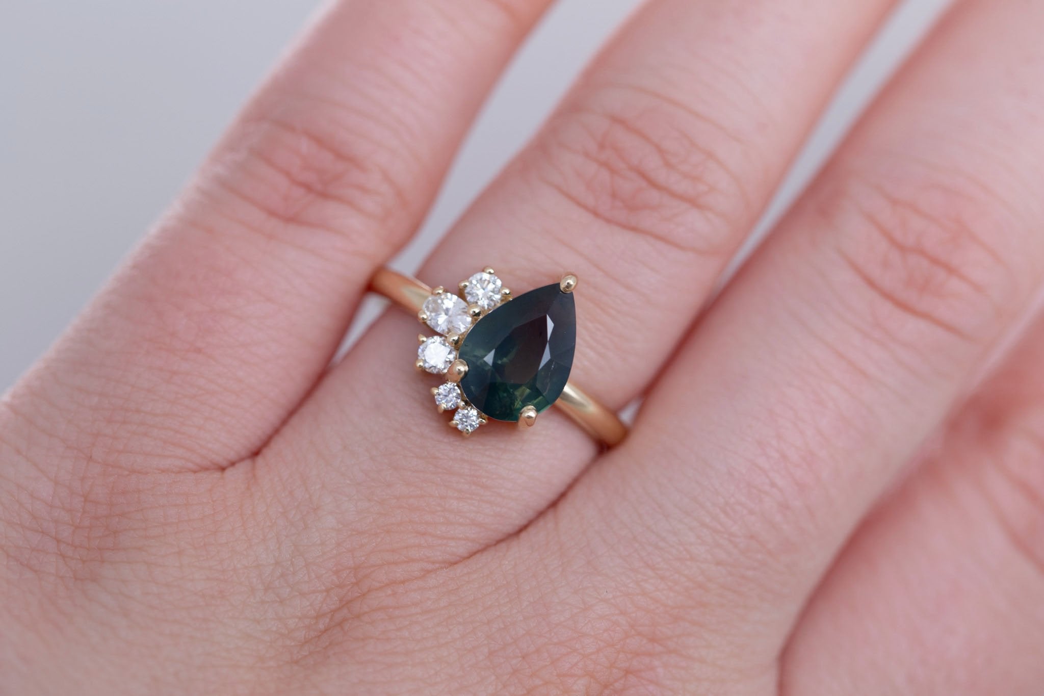 Evaline Ring | Teal Pear Cut Sapphire + Asymmetrical Diamond Cluster Engagement Ring 3.11 ct | 14k Recycled Gold | One of a Kind