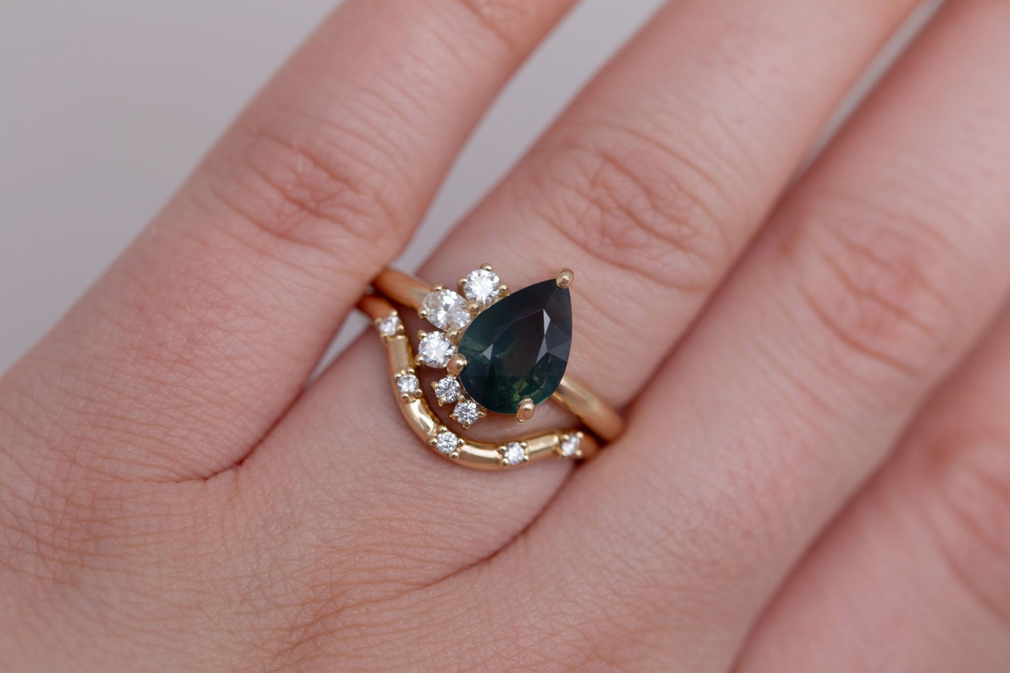 Evaline Ring | Teal Pear Cut Sapphire + Asymmetrical Diamond Cluster Engagement Ring 3.11 ct | 14k Recycled Gold | One of a Kind