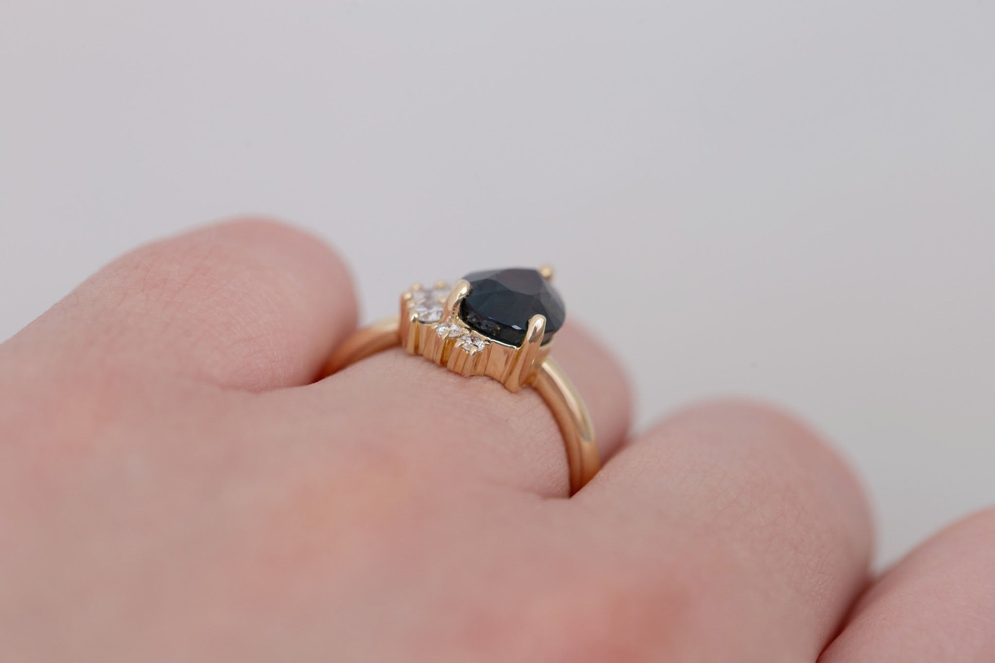 Evaline Ring | Teal Pear Cut Sapphire + Asymmetrical Diamond Cluster Engagement Ring 3.11 ct | 14k Recycled Gold | One of a Kind