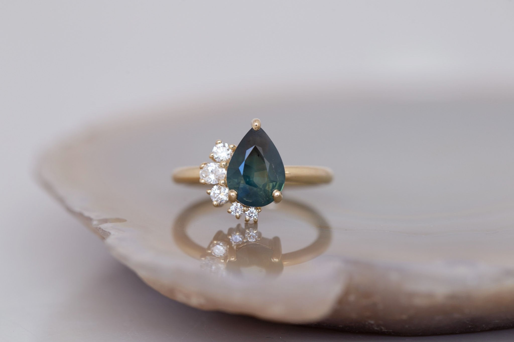 Evaline Ring | Teal Pear Cut Sapphire + Asymmetrical Diamond Cluster Engagement Ring 3.11 ct | 14k Recycled Gold | One of a Kind
