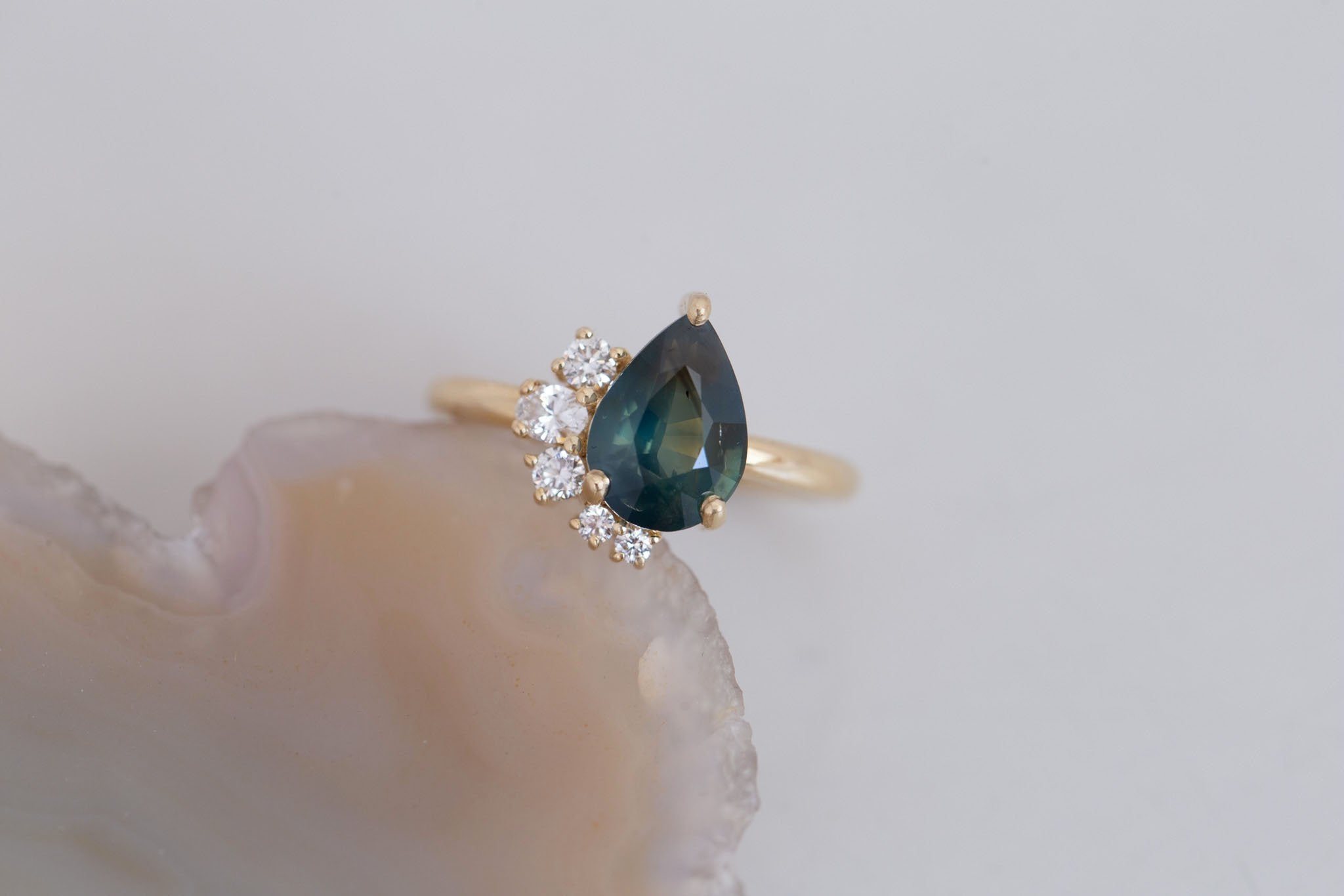 Evaline Ring | Teal Pear Cut Sapphire + Asymmetrical Diamond Cluster Engagement Ring 3.11 ct | 14k Recycled Gold | One of a Kind