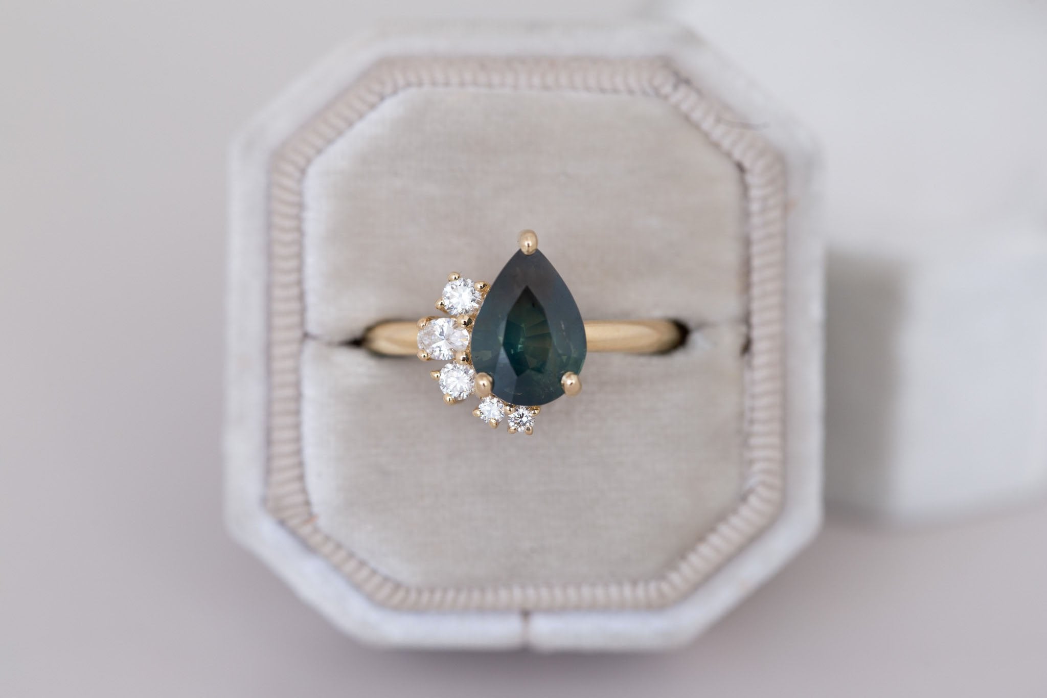 Evaline Ring | Teal Pear Cut Sapphire + Asymmetrical Diamond Cluster Engagement Ring 3.11 ct | 14k Recycled Gold | One of a Kind