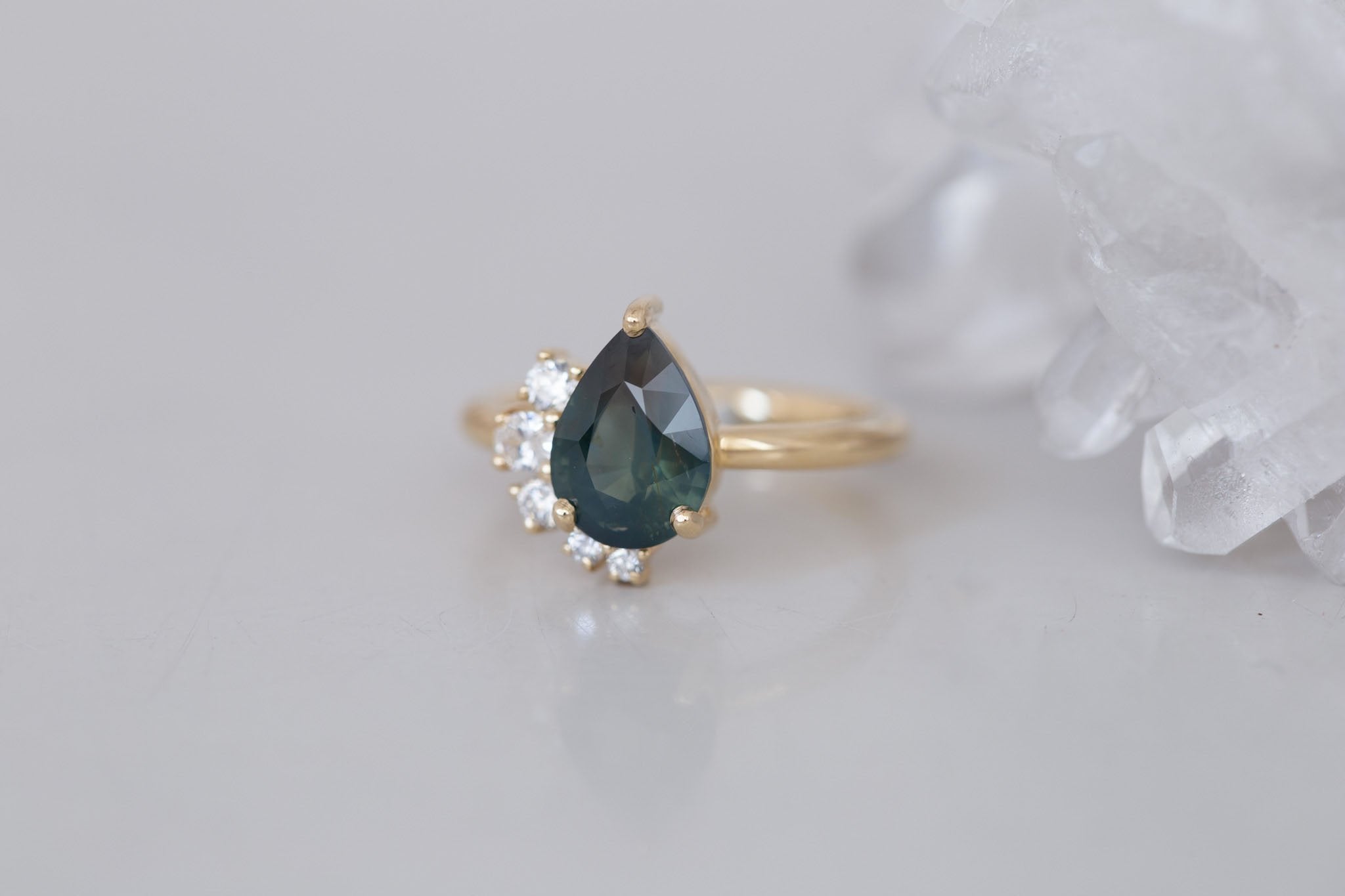 Evaline Ring | Teal Pear Cut Sapphire + Asymmetrical Diamond Cluster Engagement Ring 3.11 ct | 14k Recycled Gold | One of a Kind