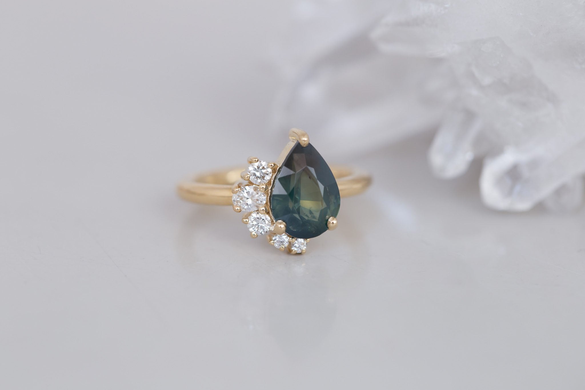 Evaline Ring | Teal Pear Cut Sapphire + Asymmetrical Diamond Cluster Engagement Ring 3.11 ct | 14k Recycled Gold | One of a Kind