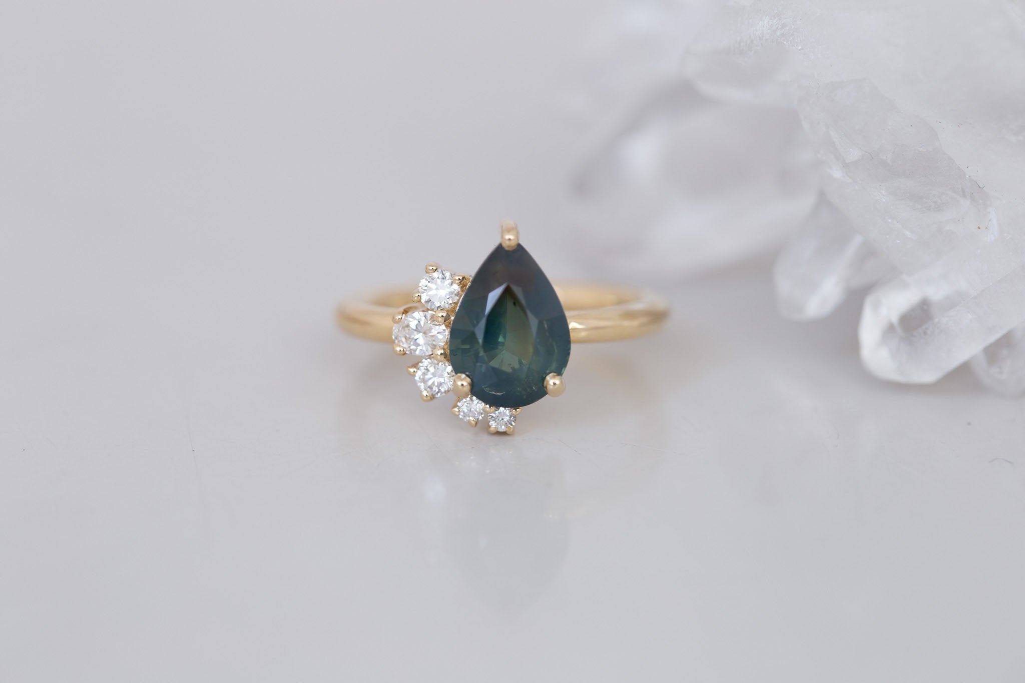 Evaline Ring | Teal Pear Cut Sapphire + Asymmetrical Diamond Cluster Engagement Ring 3.11 ct | 14k Recycled Gold | One of a Kind