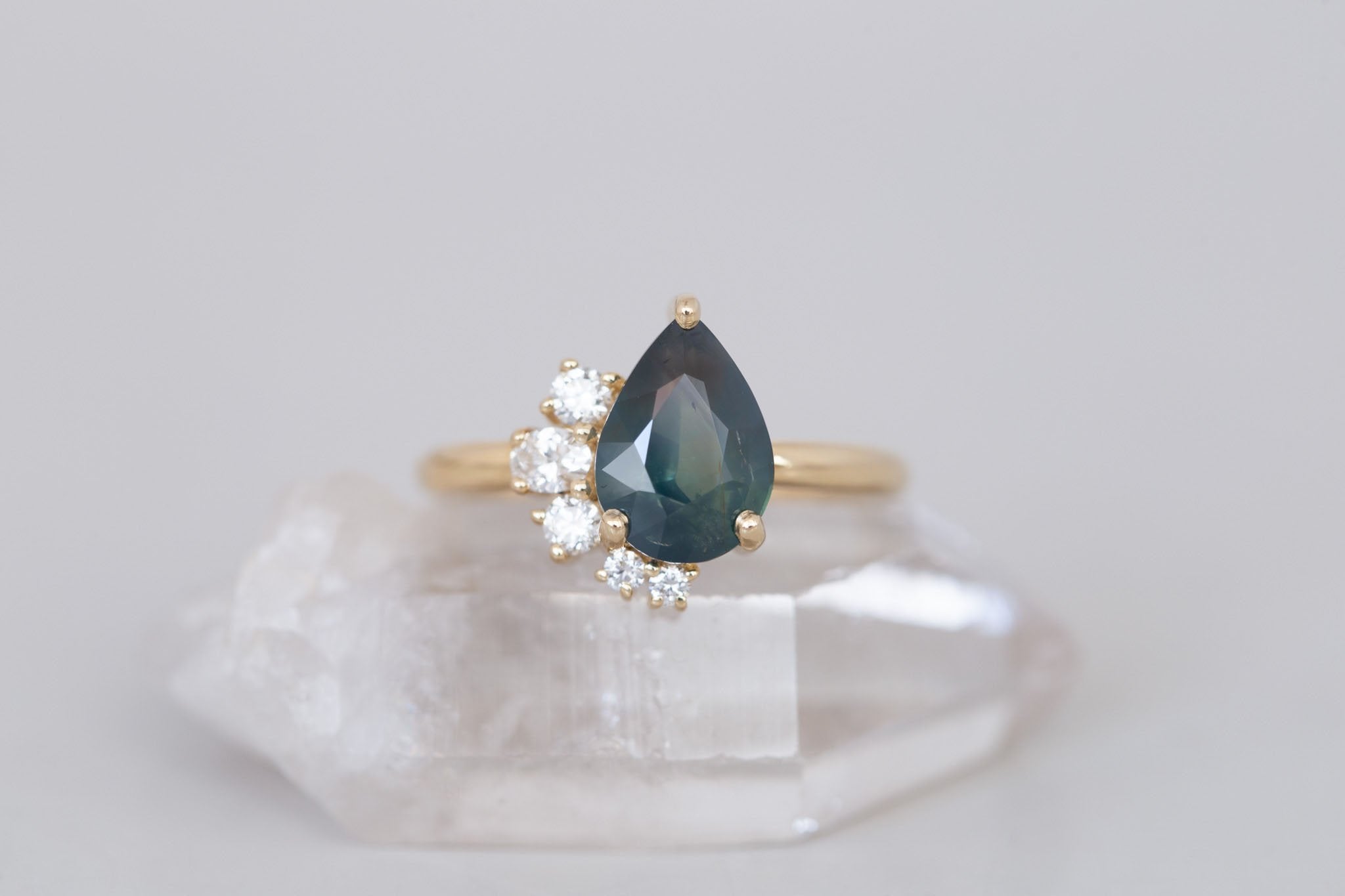 Evaline Ring | Teal Pear Cut Sapphire + Asymmetrical Diamond Cluster Engagement Ring 3.11 ct | 14k Recycled Gold | One of a Kind