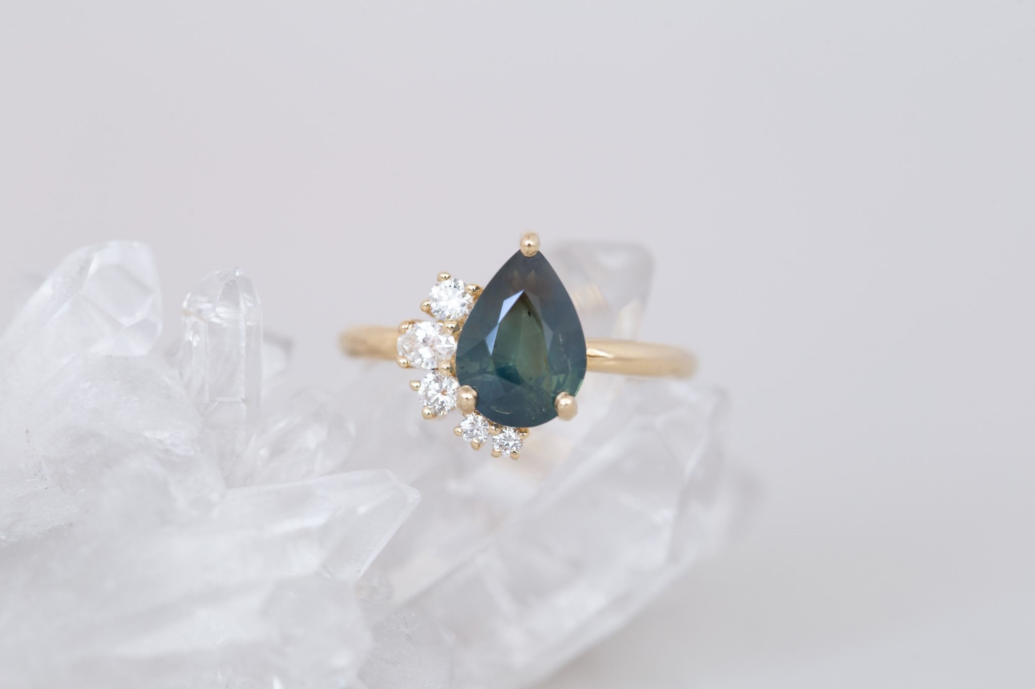 Evaline Ring | Teal Pear Cut Sapphire + Asymmetrical Diamond Cluster Engagement Ring 3.11 ct | 14k Recycled Gold | One of a Kind