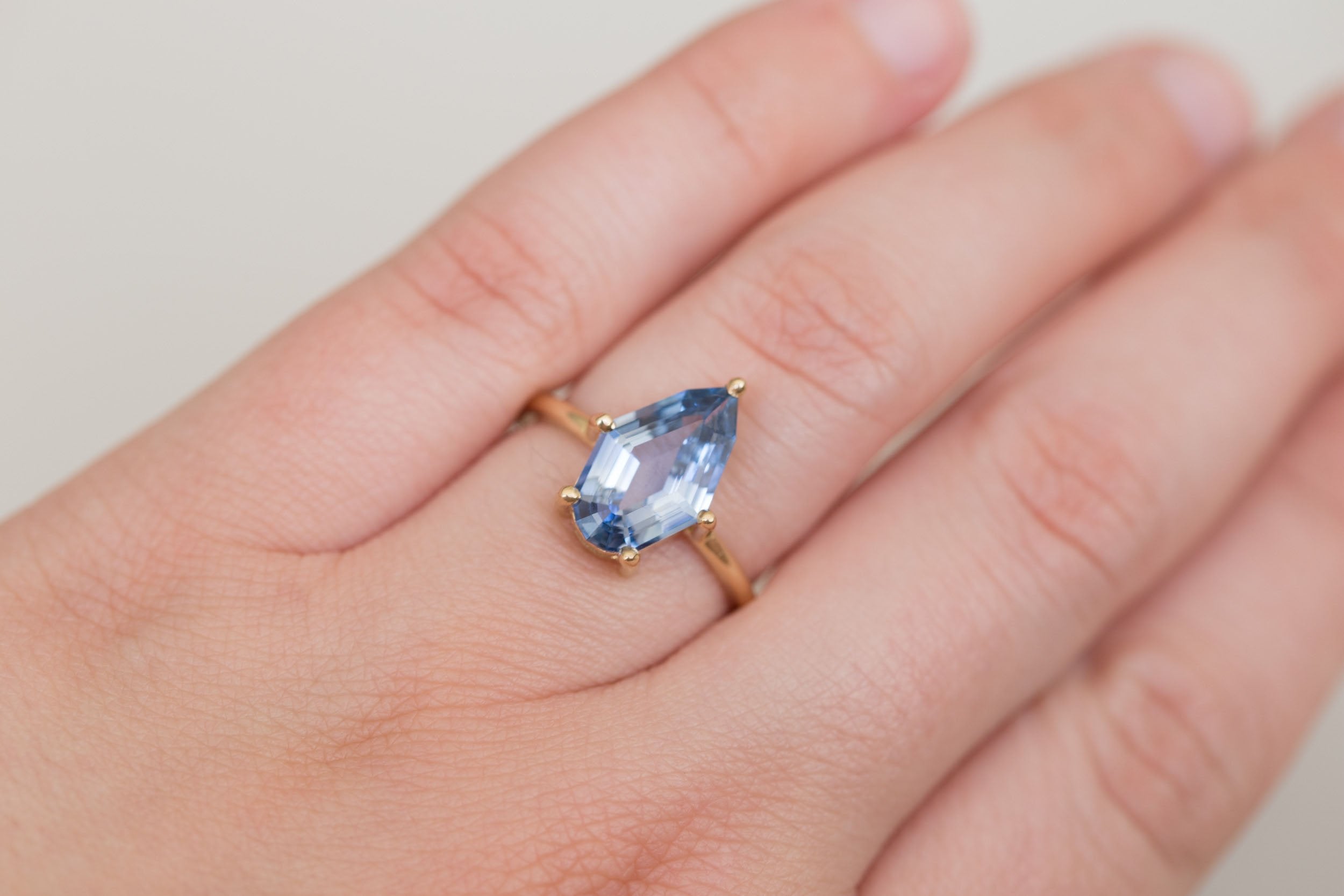 Mesa Ring | Step Cut Geometric Pear Sapphire Solitaire Engagement Ring 3.23 ct | 14k Recycled Gold | One of a Kind