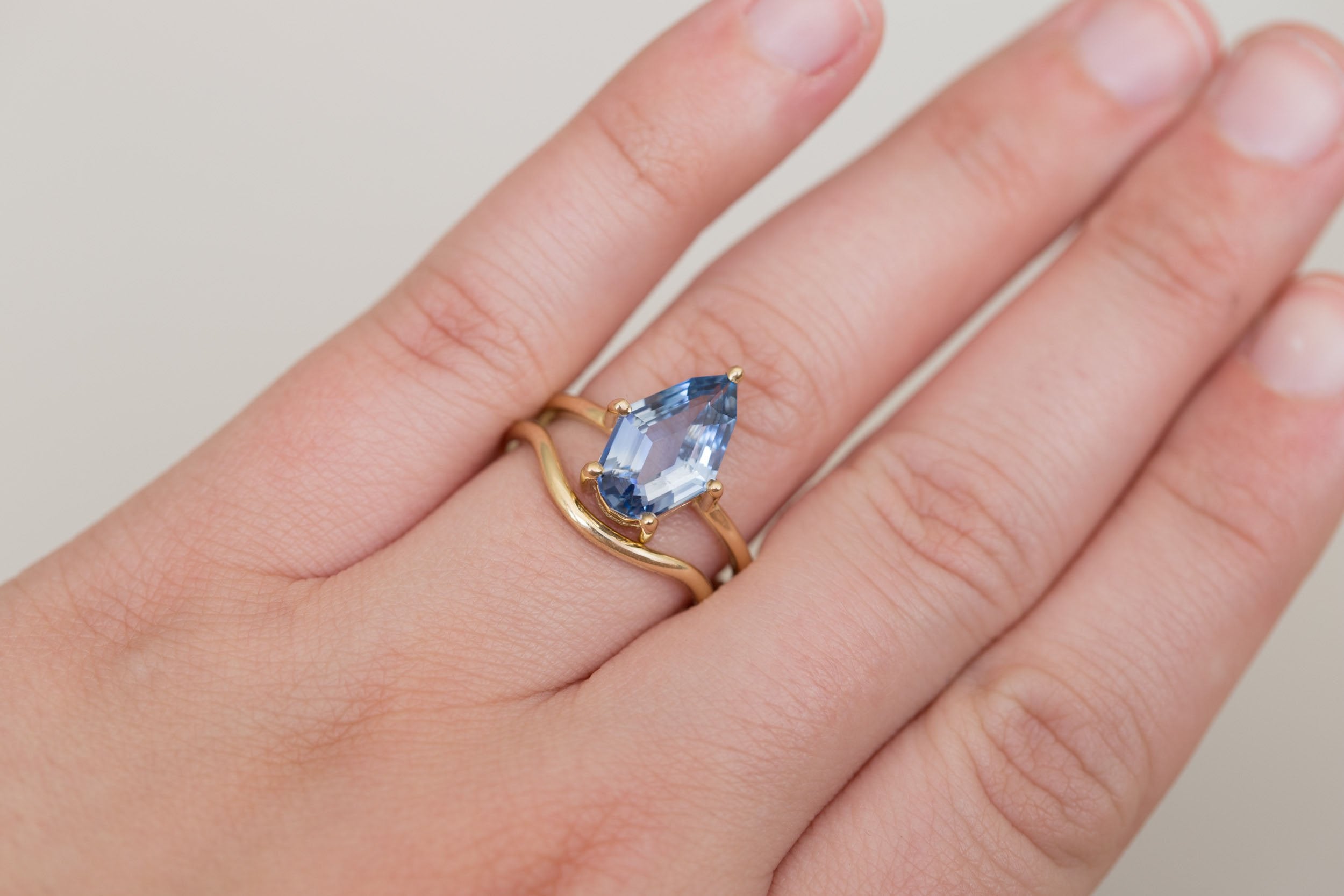 Mesa Ring | Step Cut Geometric Pear Sapphire Solitaire Engagement Ring 3.23 ct | 14k Recycled Gold | One of a Kind