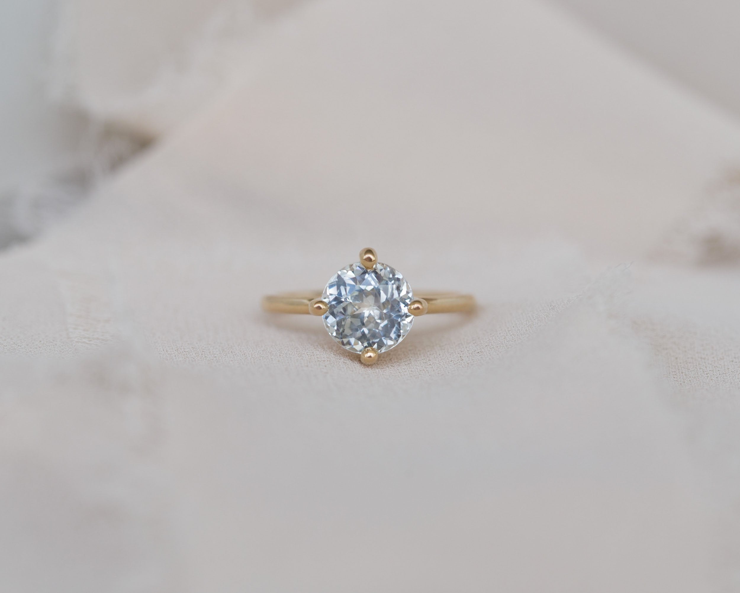 Leta Ring | Icy Grey Round Sapphire Compass Set Solitaire Engagement Ring 3.27 ct | 14k Recycled Gold | One of a Kind