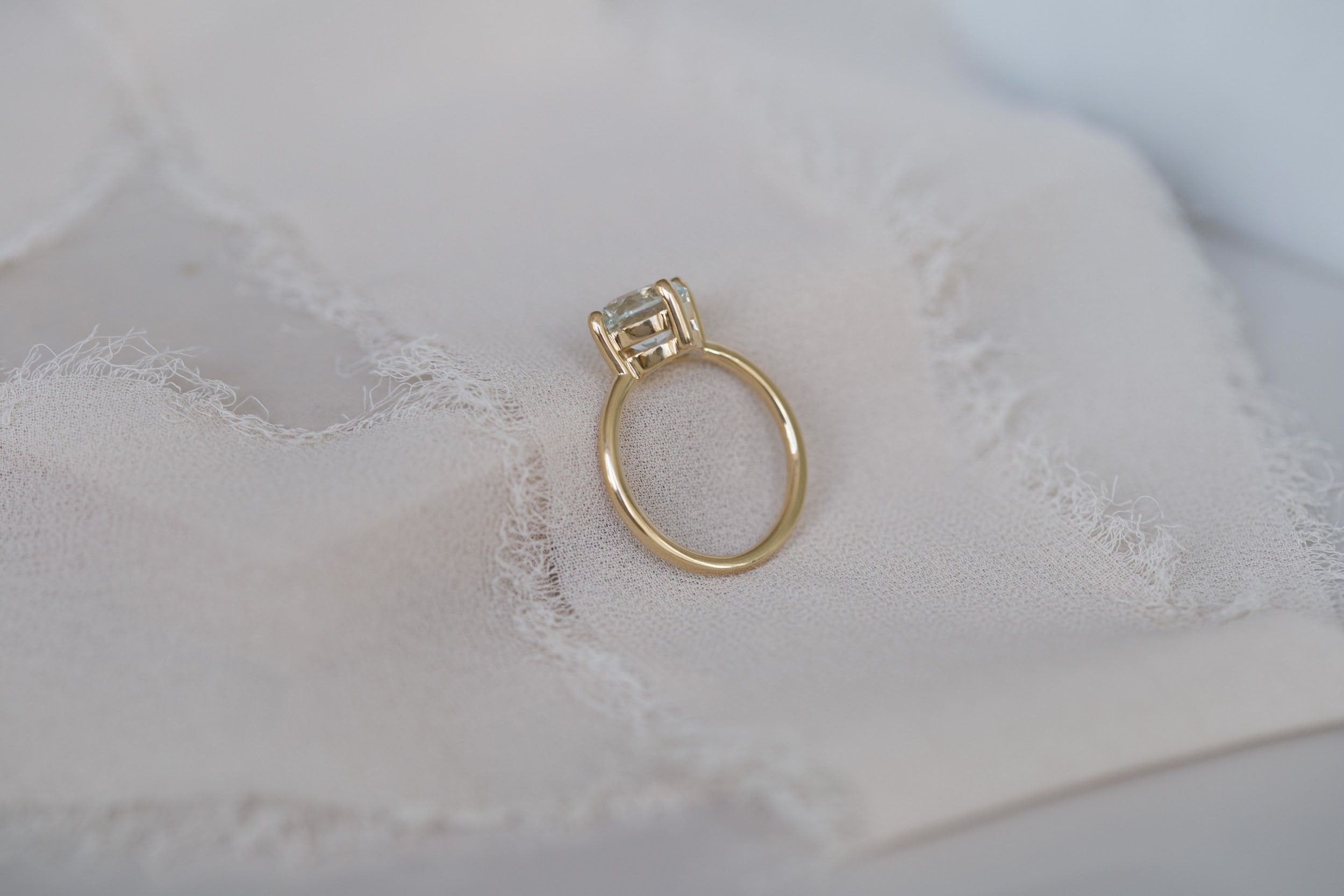 Leta Ring | Icy Grey Round Sapphire Compass Set Solitaire Engagement Ring 3.27 ct | 14k Recycled Gold | One of a Kind