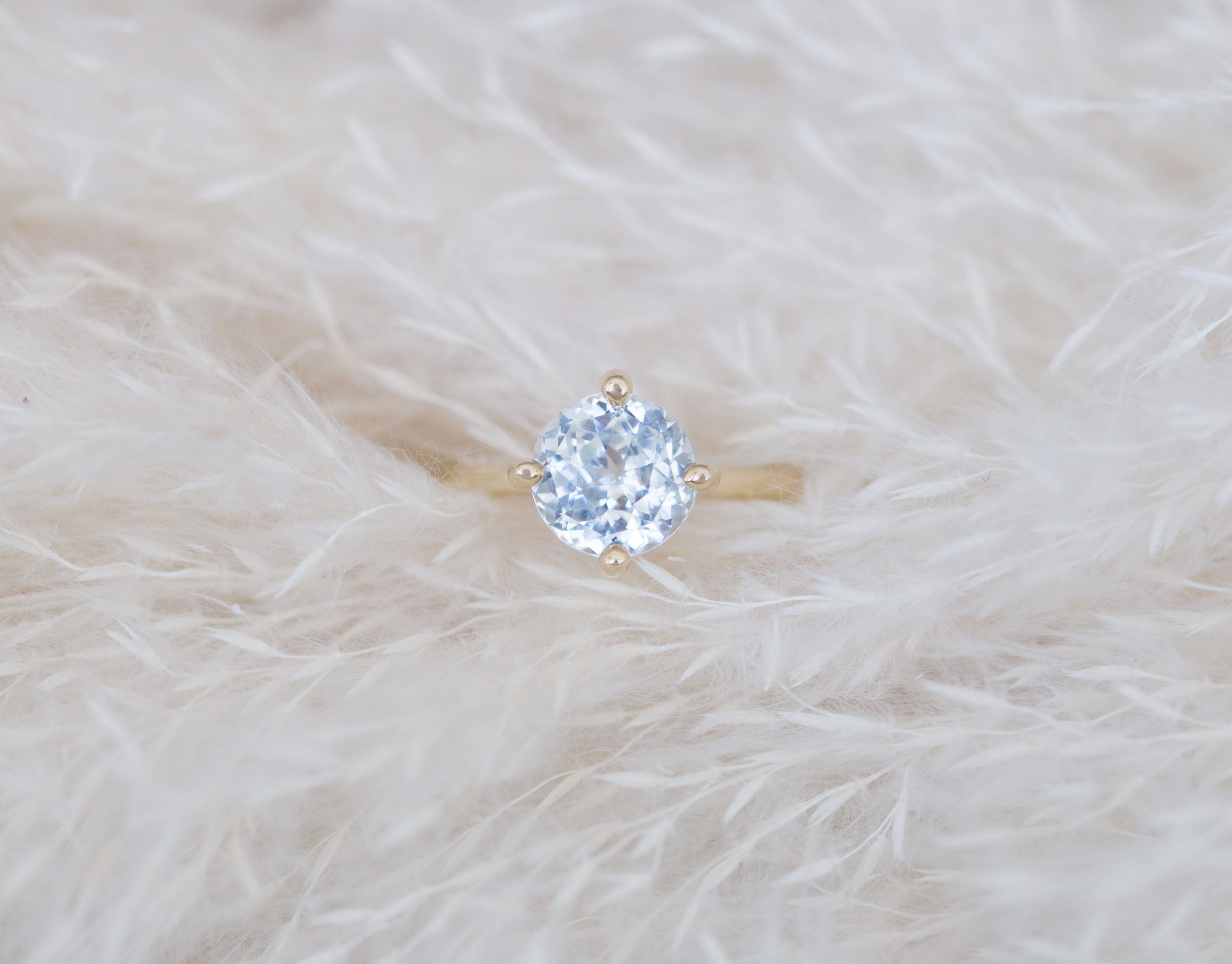 Leta Ring | Icy Grey Round Sapphire Compass Set Solitaire Engagement Ring 3.27 ct | 14k Recycled Gold | One of a Kind