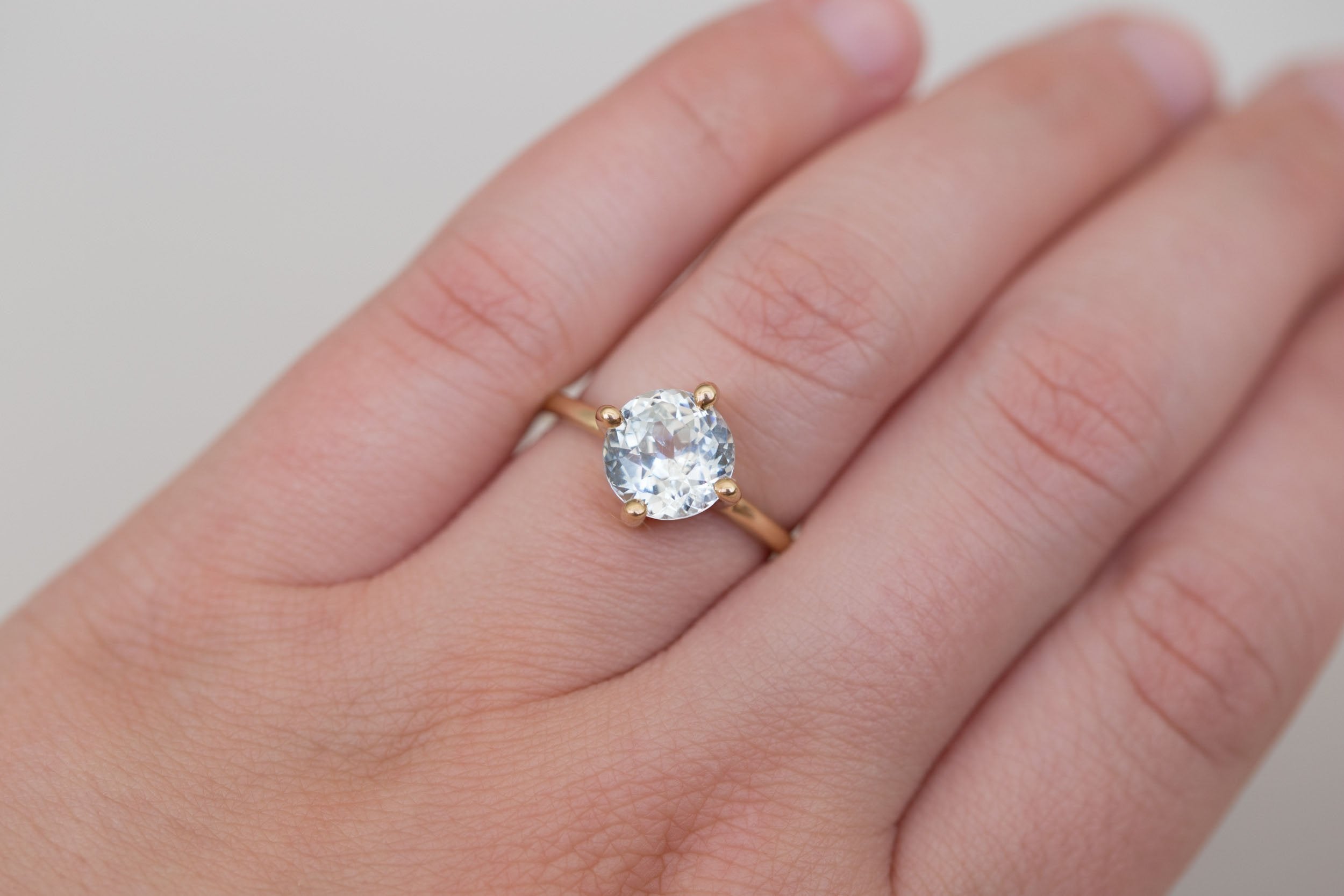 Leta Ring | Icy Grey Round Sapphire Compass Set Solitaire Engagement Ring 3.27 ct | 14k Recycled Gold | One of a Kind