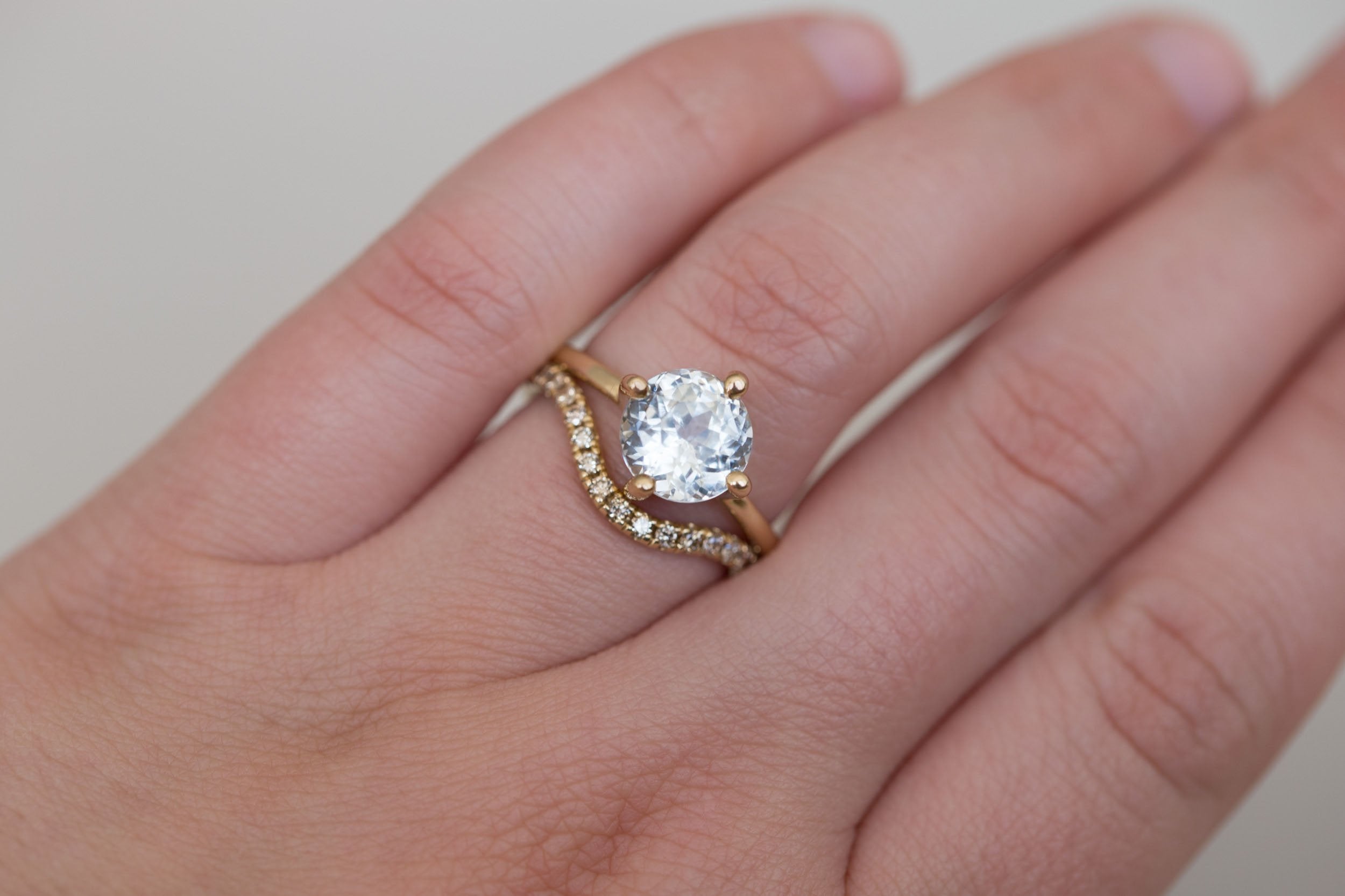 Leta Ring | Icy Grey Round Sapphire Compass Set Solitaire Engagement Ring 3.27 ct | 14k Recycled Gold | One of a Kind