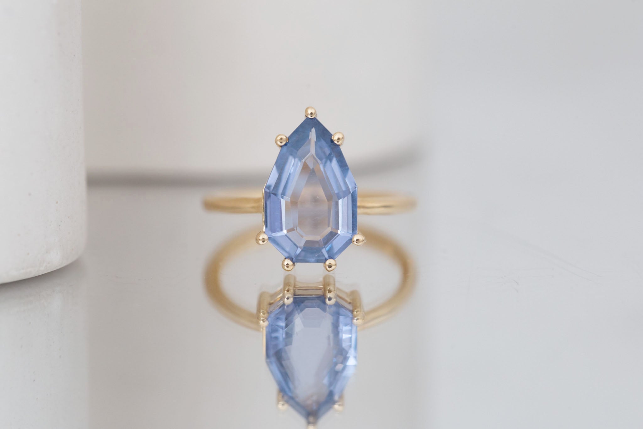 Mesa Ring | Step Cut Geometric Pear Spinel Solitaire Engagement Ring 3.56 ct | 14k Recycled Gold | One of a Kind