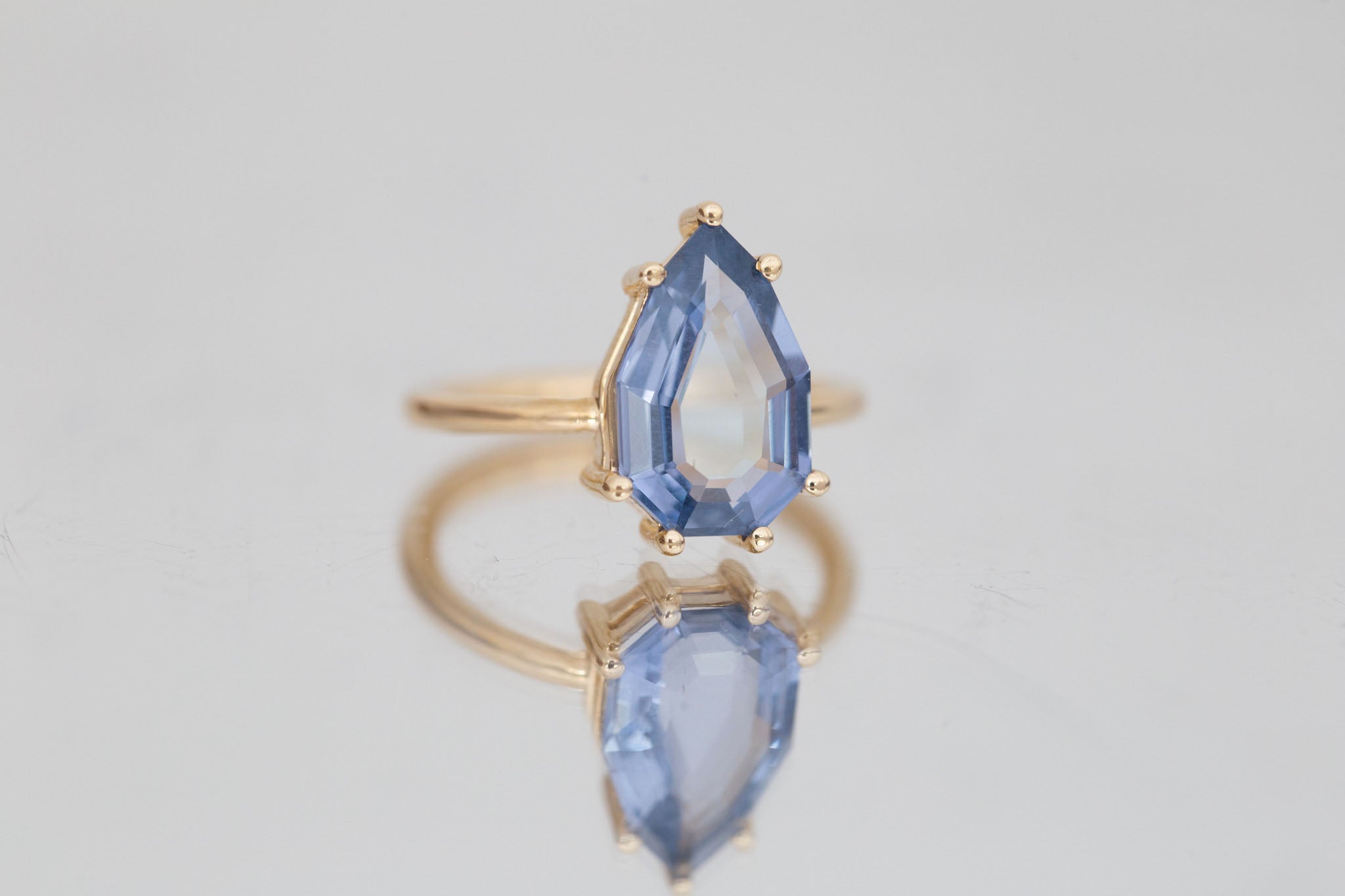 Mesa Ring | Step Cut Geometric Pear Spinel Solitaire Engagement Ring 3.56 ct | 14k Recycled Gold | One of a Kind