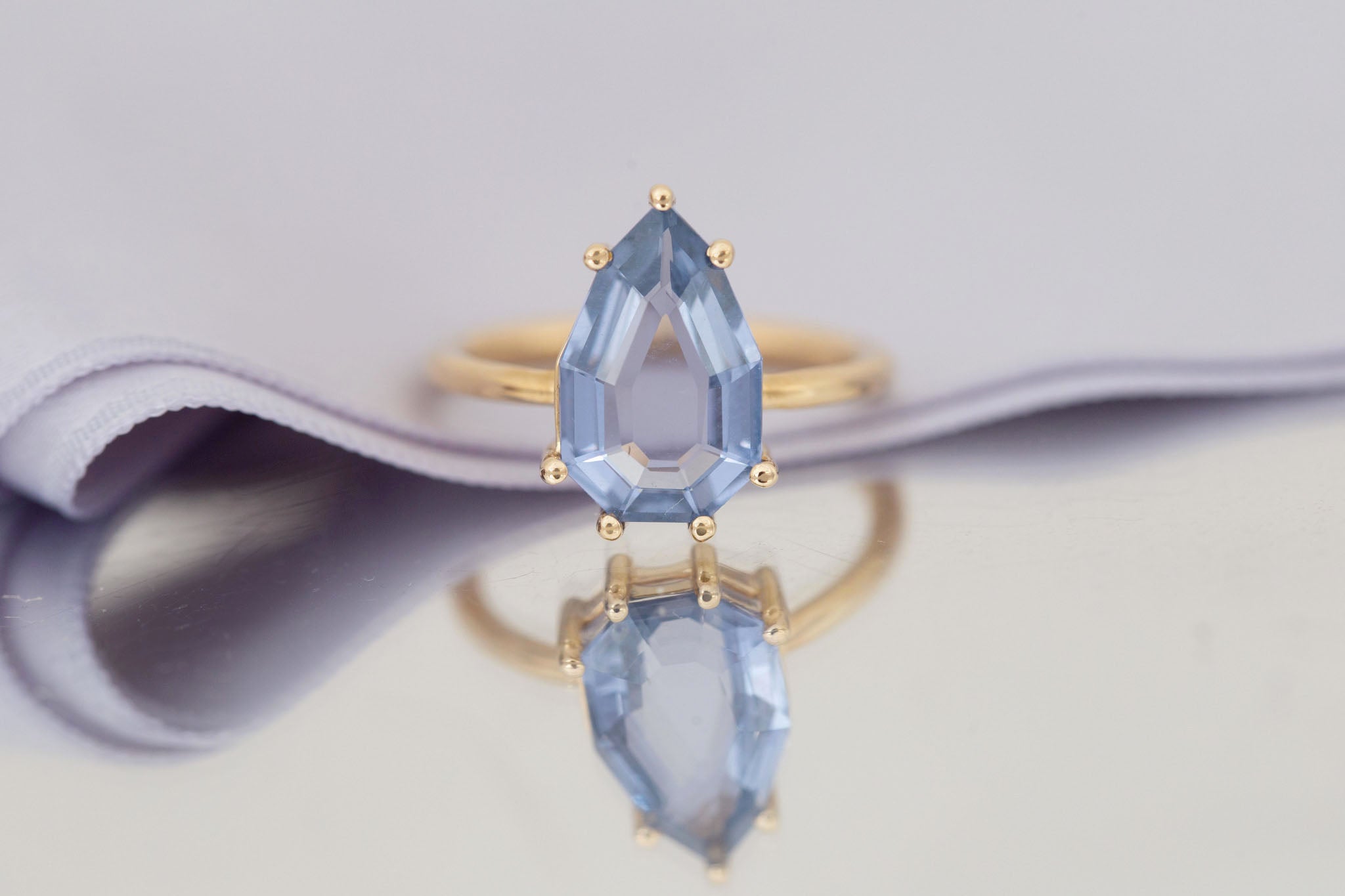 Mesa Ring | Step Cut Geometric Pear Spinel Solitaire Engagement Ring 3.56 ct | 14k Recycled Gold | One of a Kind