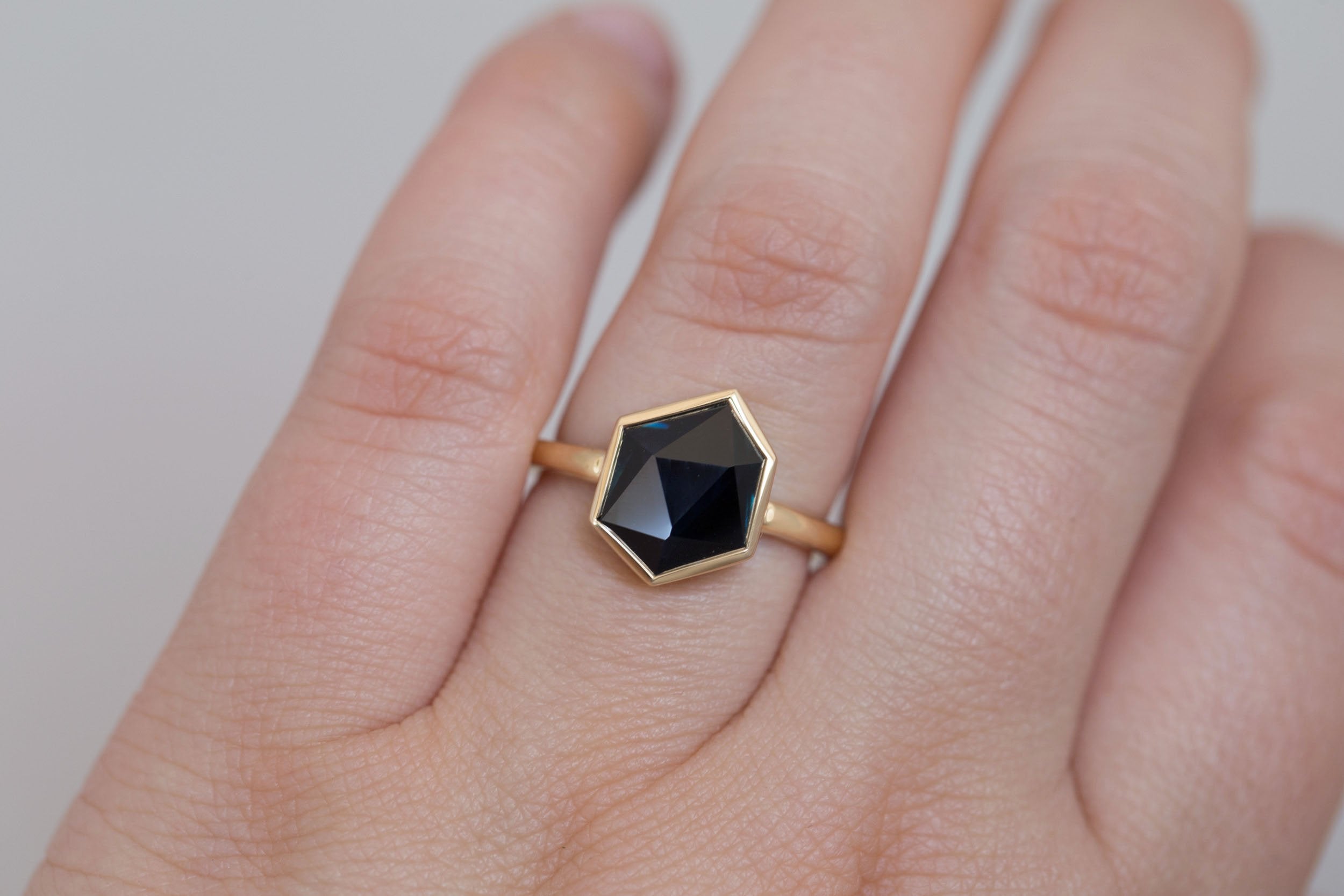Avens Ring | Dark Blue Geocut Sapphire Engagement Ring 3.57 ct | 14k Recycled Gold | One of a Kind