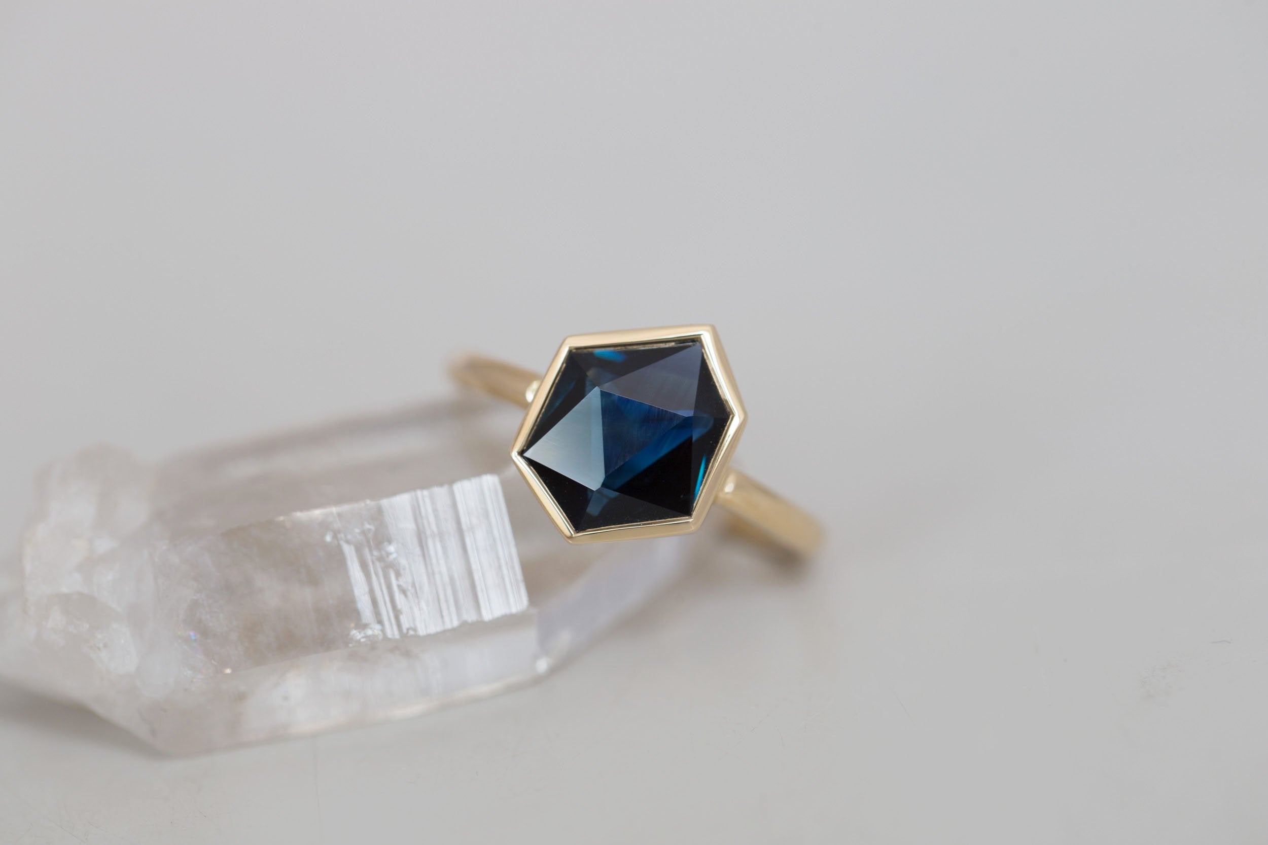 Avens Ring | Dark Blue Geocut Sapphire Engagement Ring 3.57 ct | 14k Recycled Gold | One of a Kind