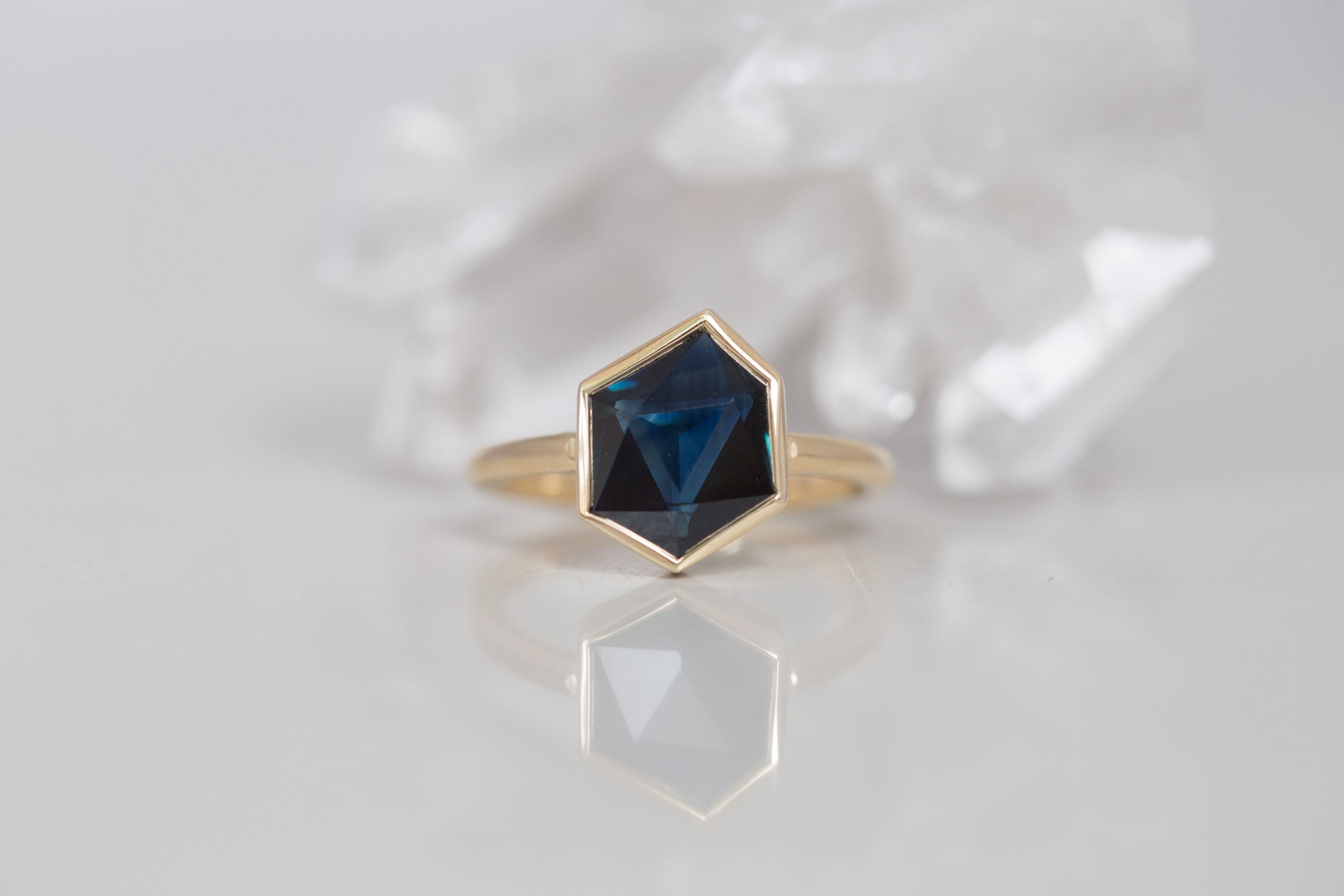 Avens Ring | Dark Blue Geocut Sapphire Engagement Ring 3.57 ct | 14k Recycled Gold | One of a Kind