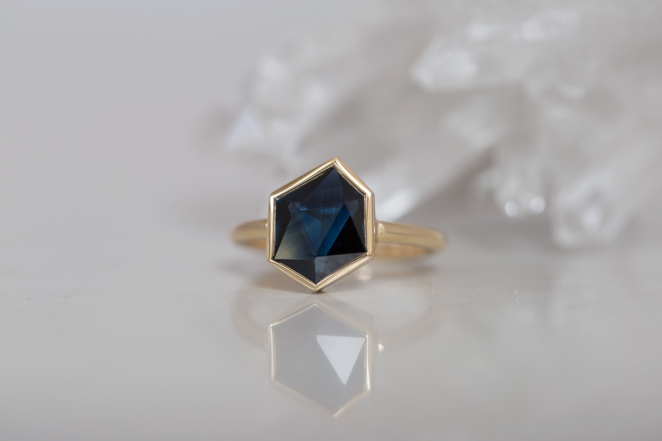 Avens Ring | Dark Blue Geocut Sapphire Engagement Ring 3.57 ct | 14k Recycled Gold | One of a Kind