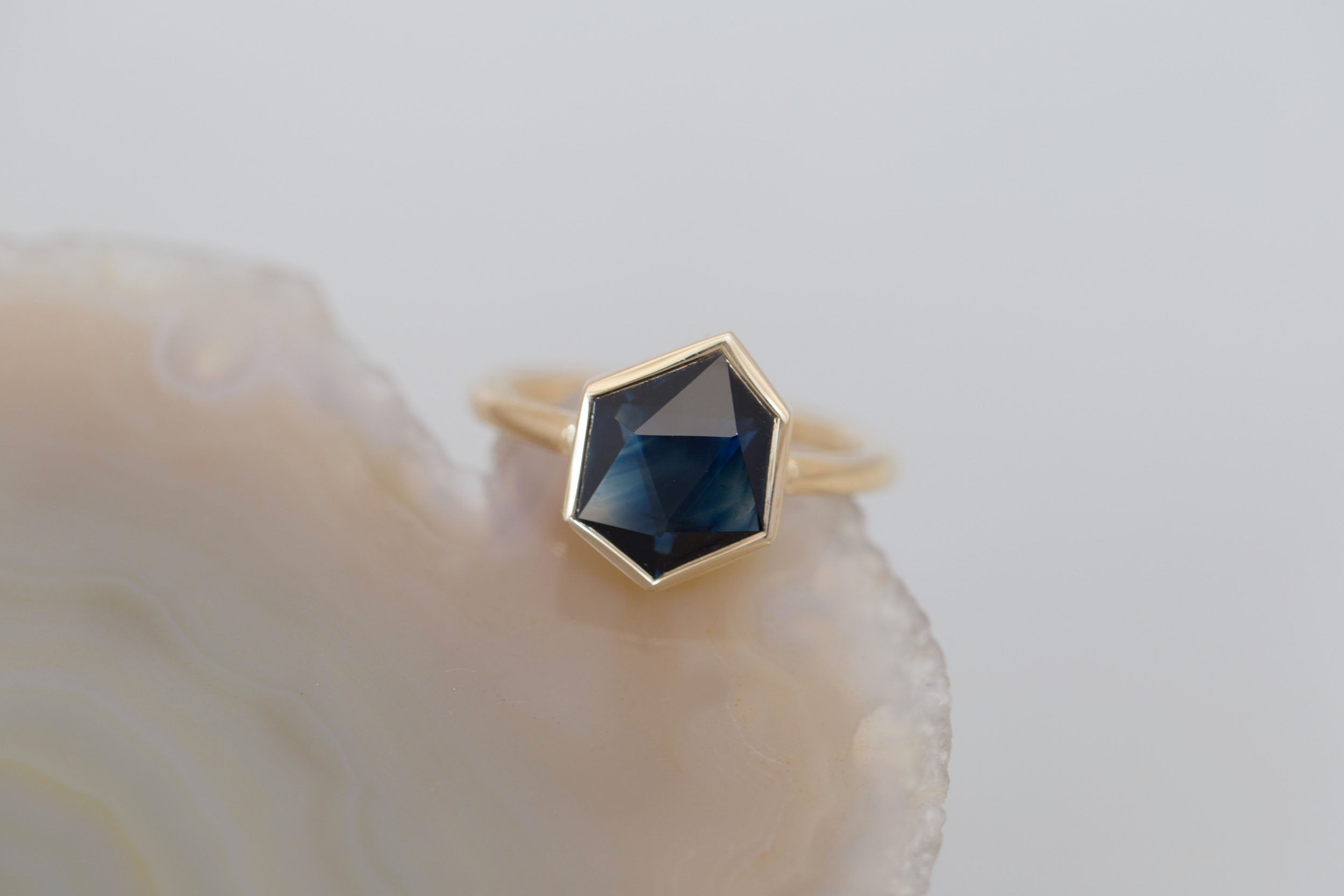 Avens Ring | Dark Blue Geocut Sapphire Engagement Ring 3.57 ct | 14k Recycled Gold | One of a Kind