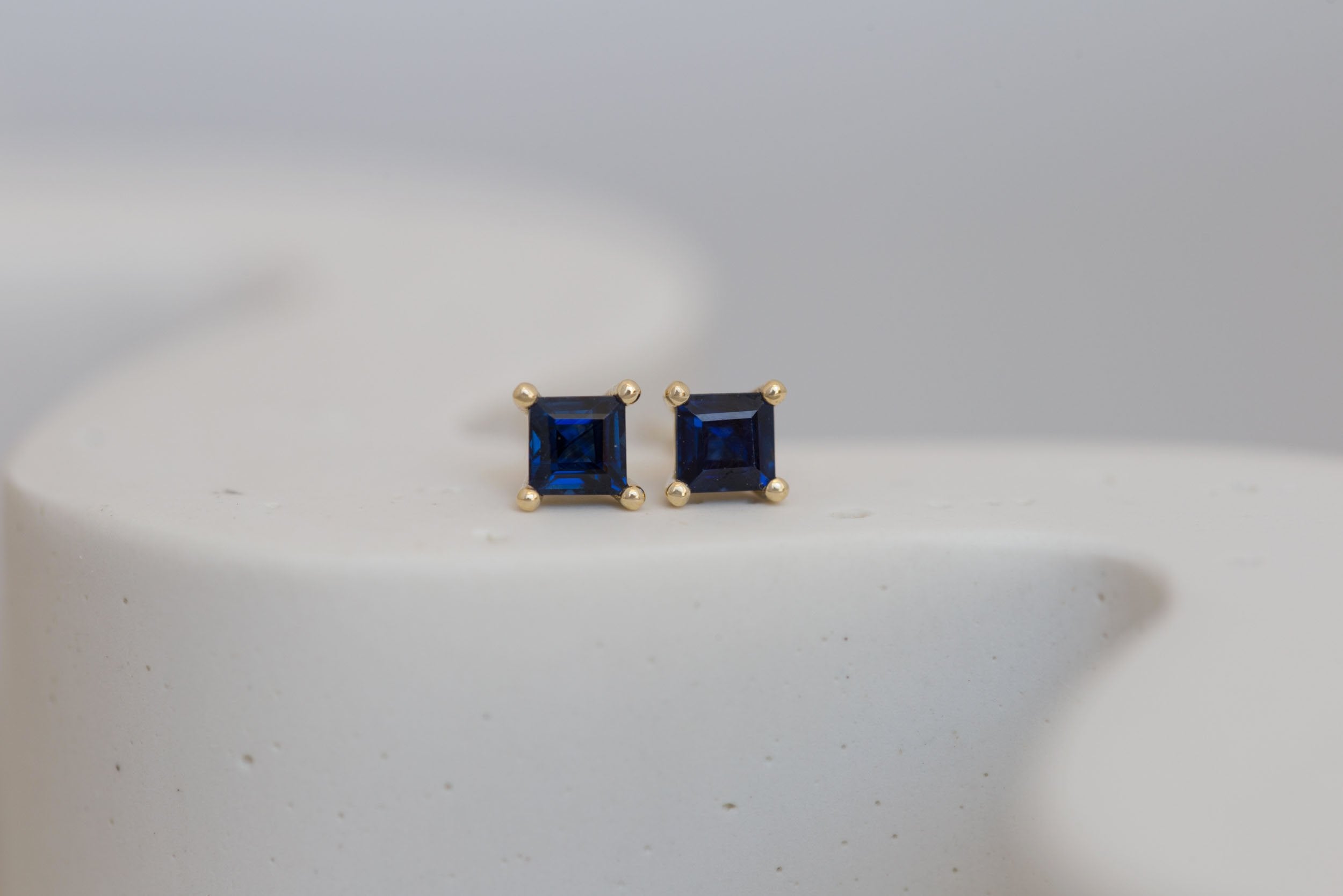 Step Cut Blue Sapphire Earrings | 14k Recycled Gold