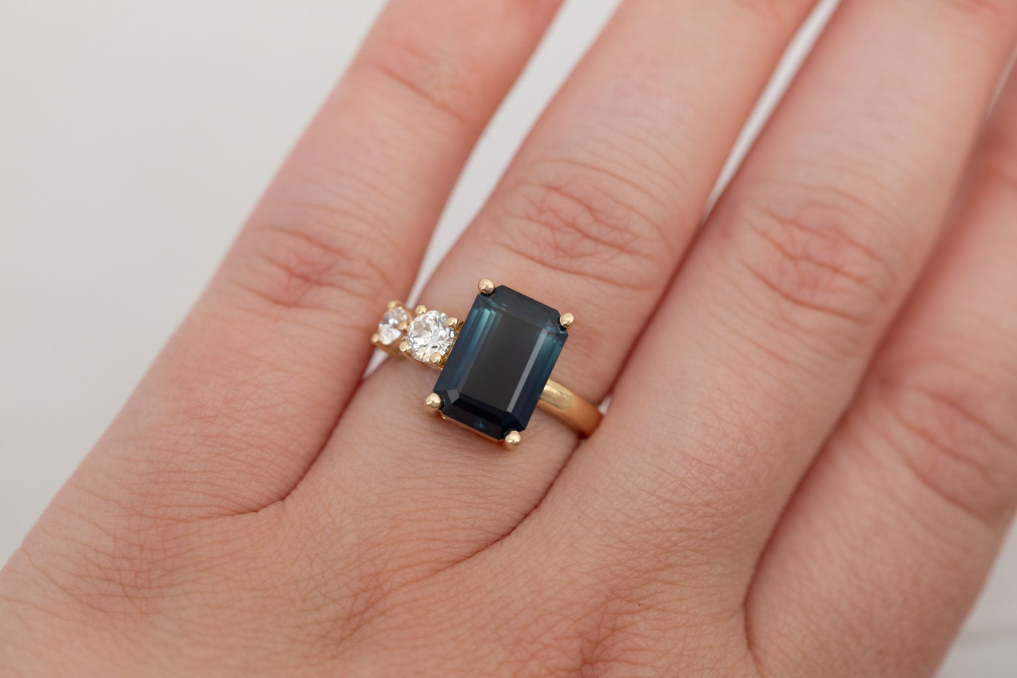 Fern Ring | Teal Emerald Cut Sapphire + Antique Diamonds Engagement Ring 4.51 ct | 14k Recycled Gold | One of a Kind