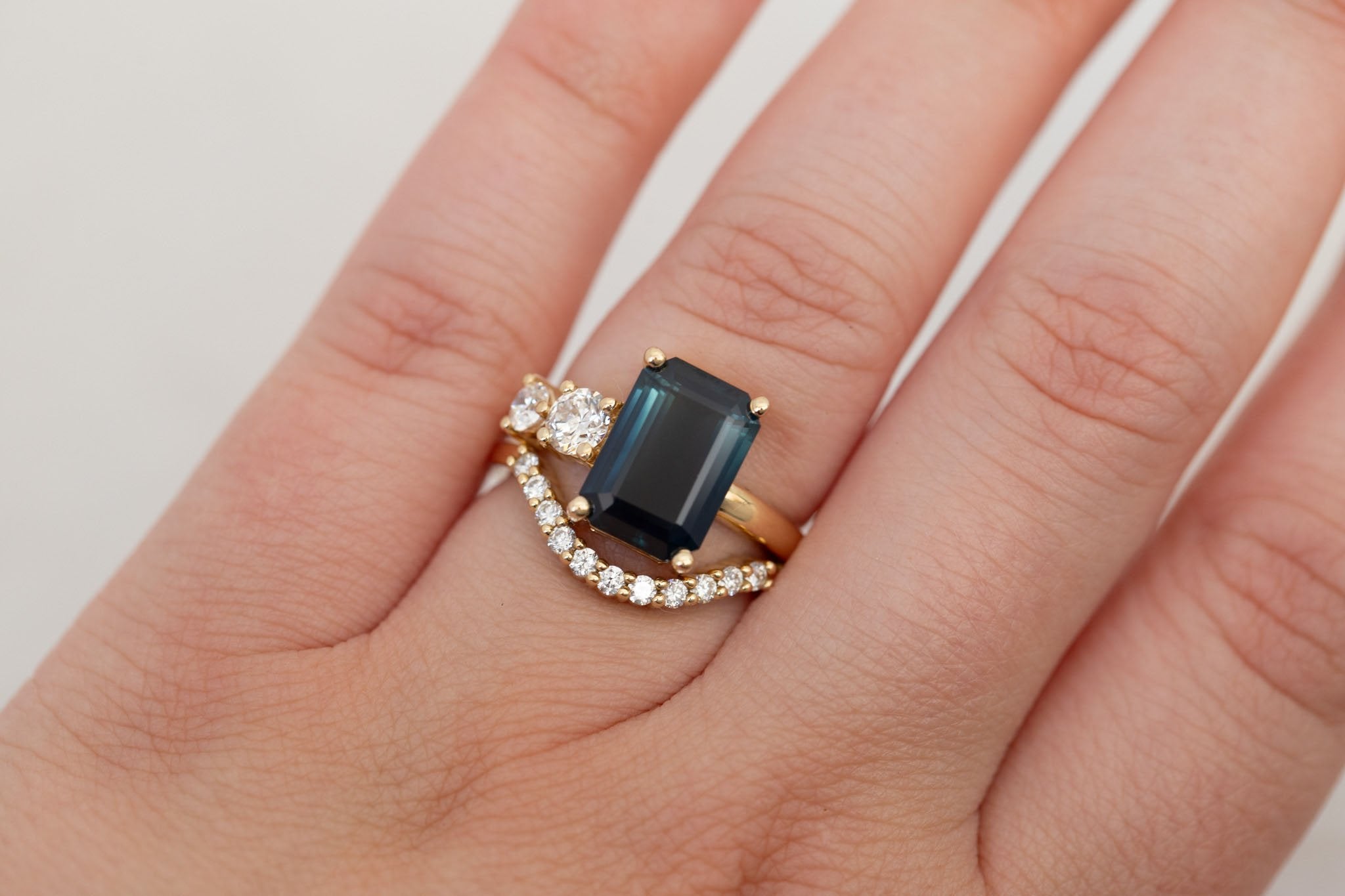 Fern Ring | Teal Emerald Cut Sapphire + Antique Diamonds Engagement Ring 4.51 ct | 14k Recycled Gold | One of a Kind