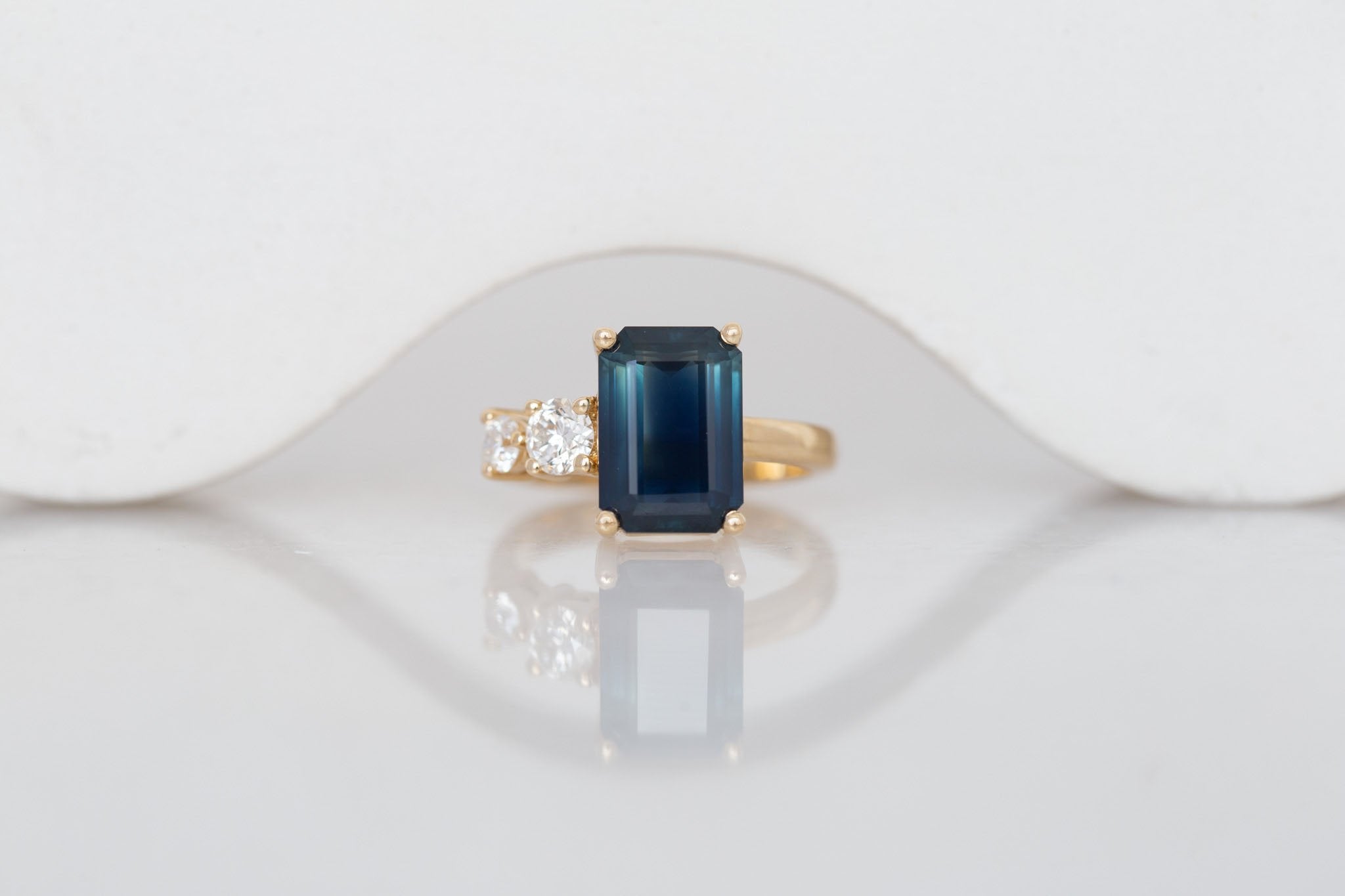 Fern Ring | Teal Emerald Cut Sapphire + Antique Diamonds Engagement Ring 4.51 ct | 14k Recycled Gold | One of a Kind