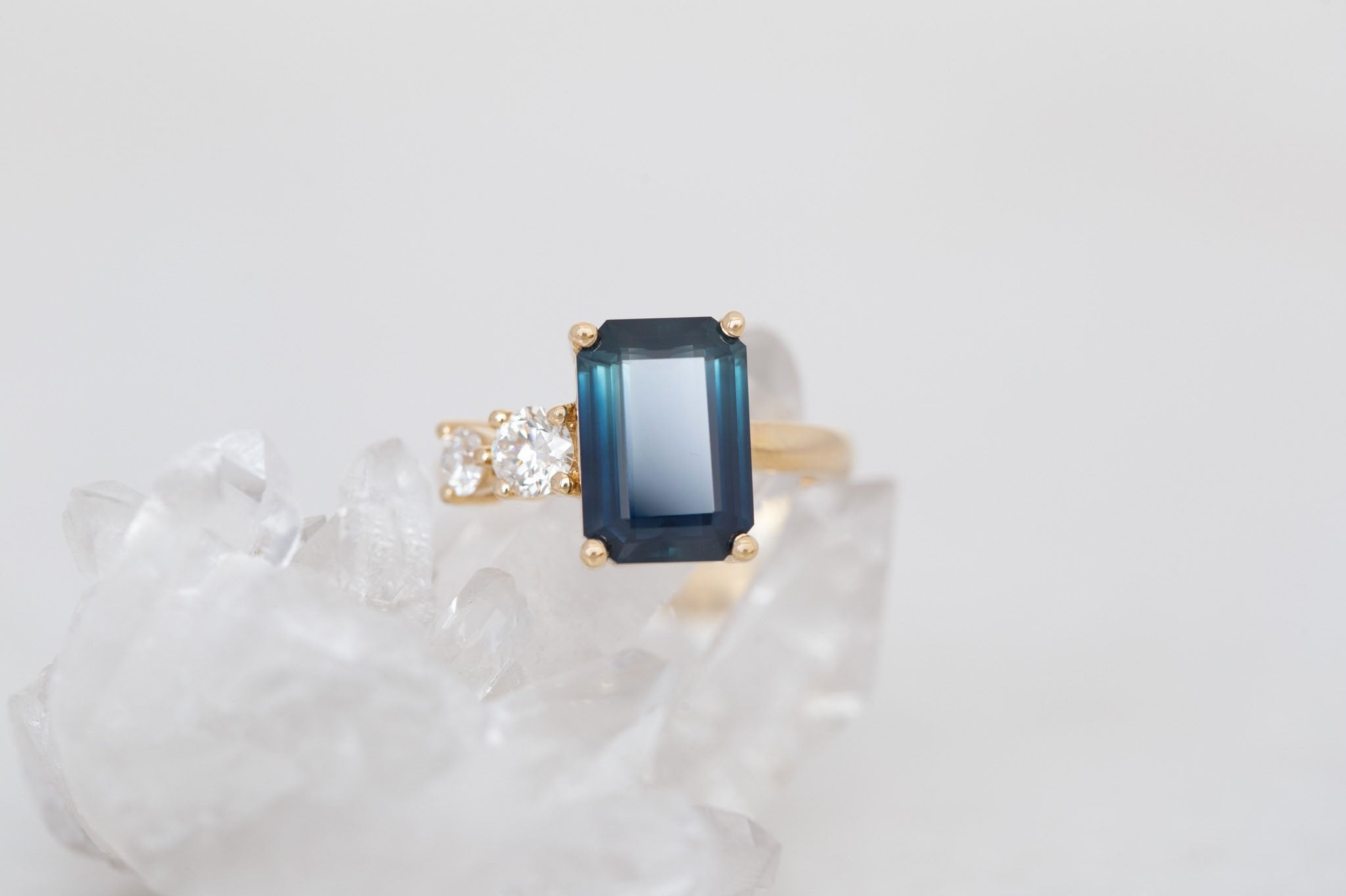 Fern Ring | Teal Emerald Cut Sapphire + Antique Diamonds Engagement Ring 4.51 ct | 14k Recycled Gold | One of a Kind