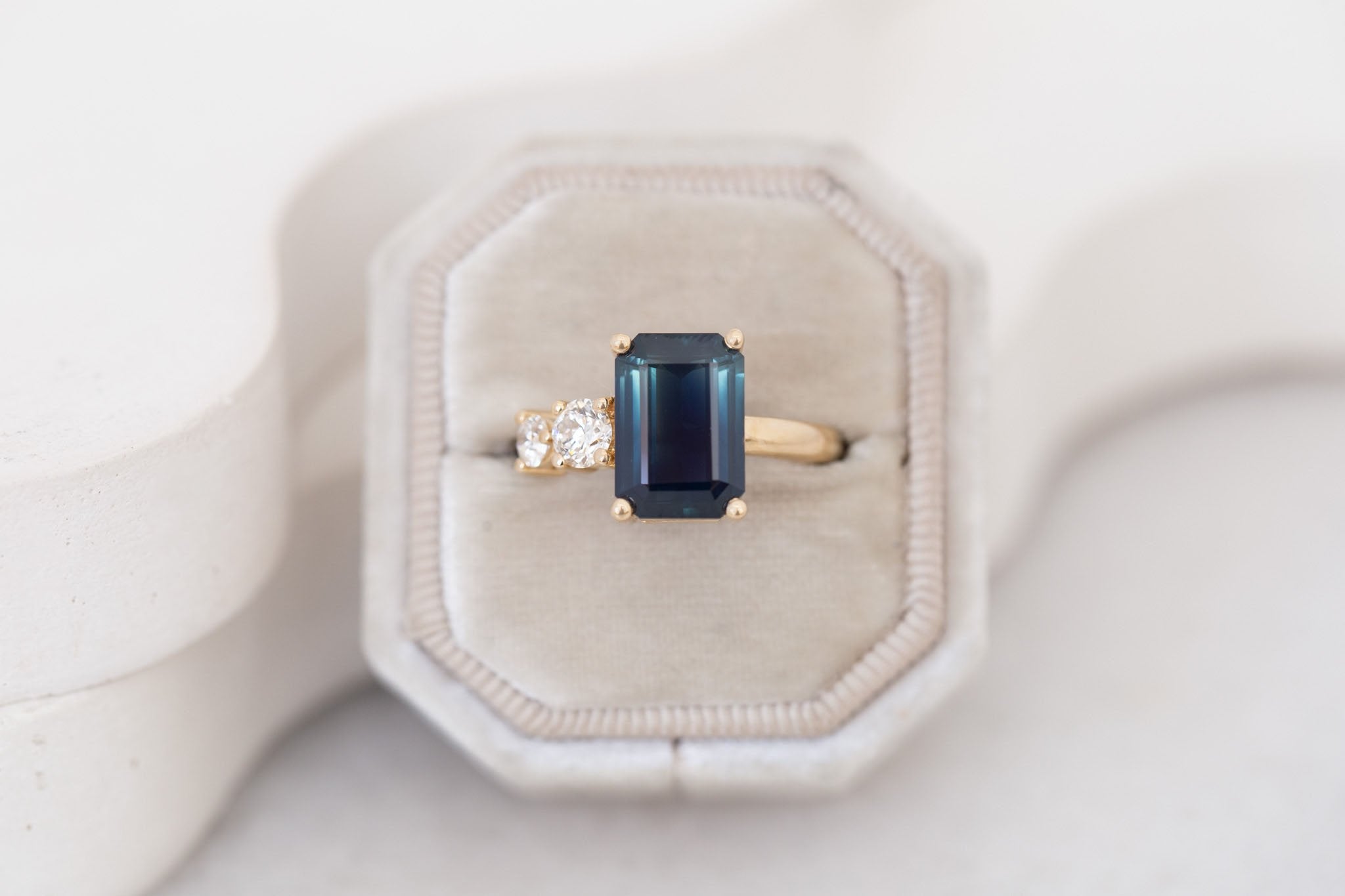 Fern Ring | Teal Emerald Cut Sapphire + Antique Diamonds Engagement Ring 4.51 ct | 14k Recycled Gold | One of a Kind