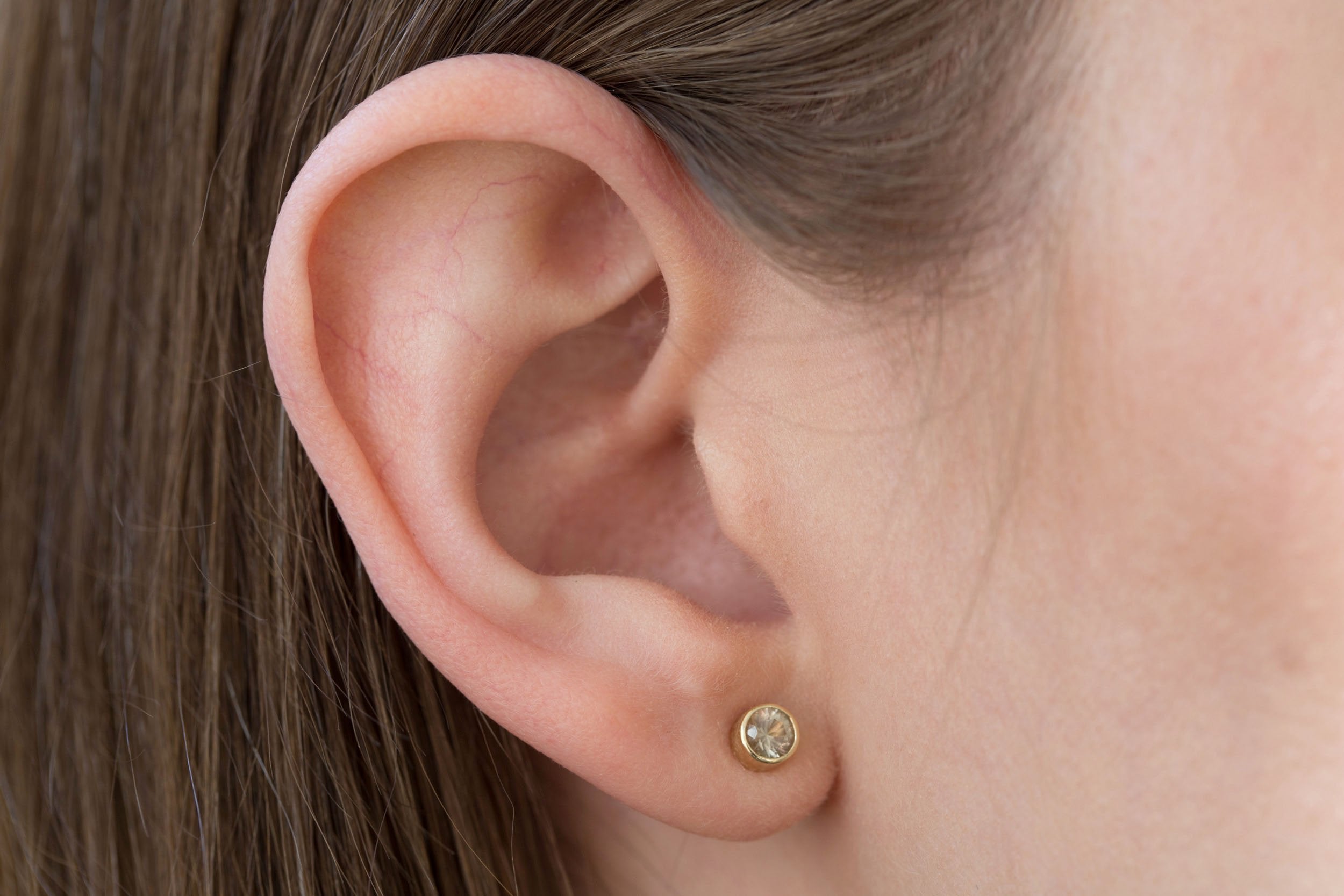 4 mm Sunstone Bezel Set Earrings | 14k Recycled Gold