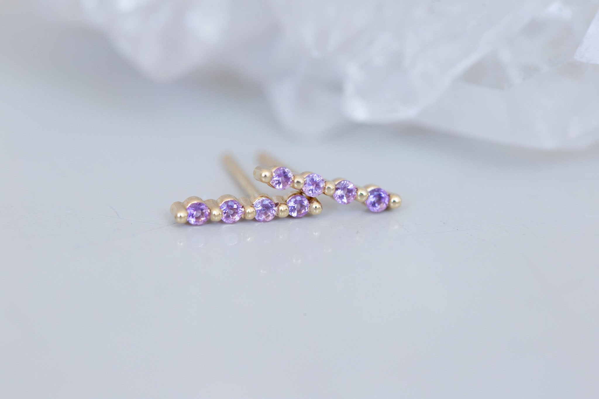 1.5 mm Amethyst Bar Earrings | 14k Recycled Gold